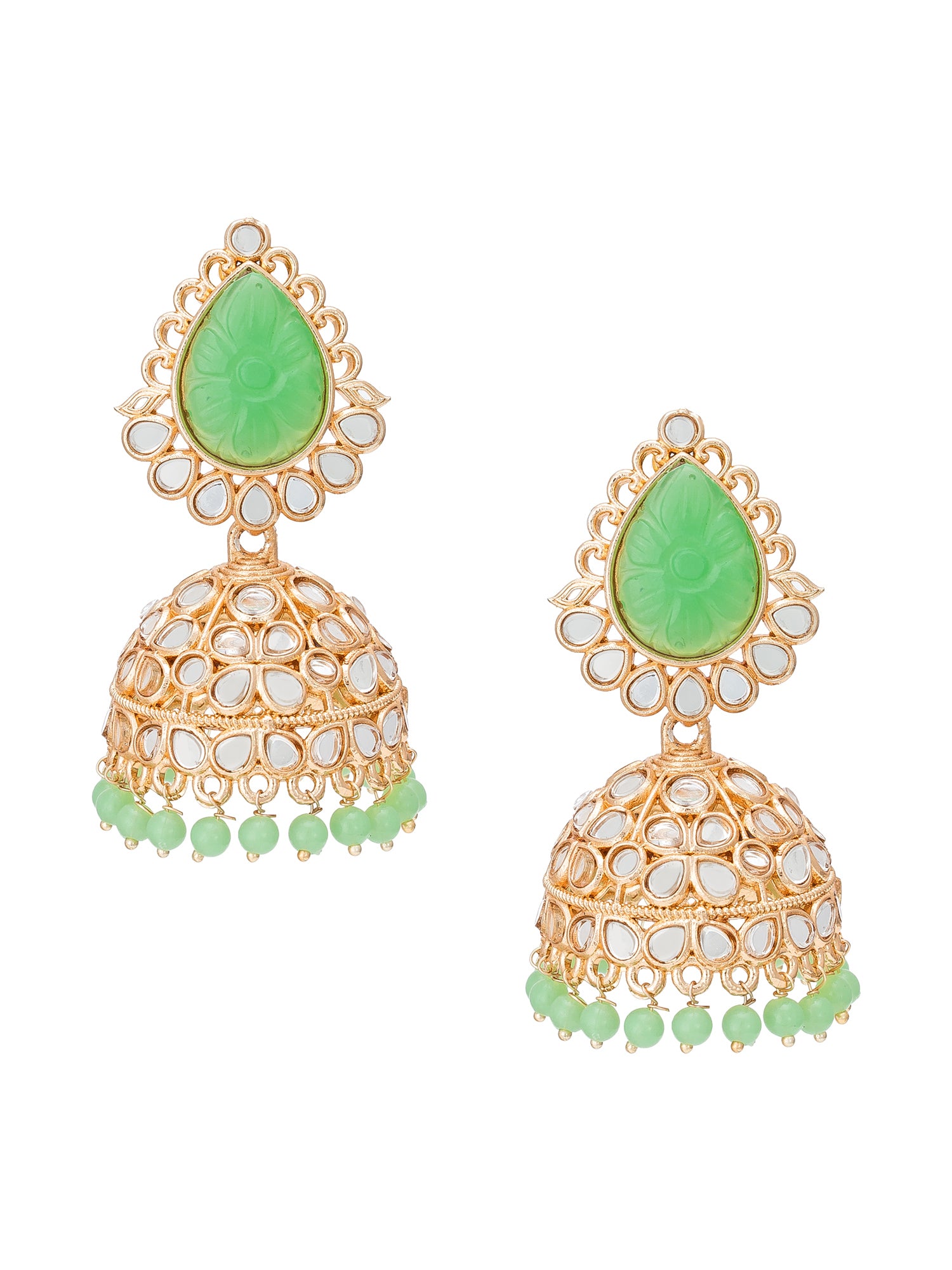 Aadita Traditional Wear Gold-Plated Mint Green Kundan and Carved Stone Jhumka Earrings with Bead Drops