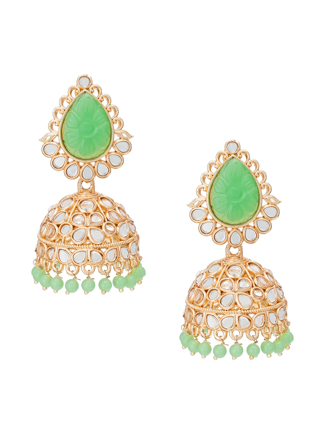 Aadita Traditional Wear Gold-Plated Mint Green Kundan and Carved Stone Jhumka Earrings with Bead Drops