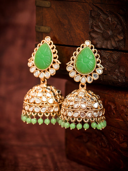 Aadita Traditional Wear Gold-Plated Mint Green Kundan and Carved Stone Jhumka Earrings with Bead Drops