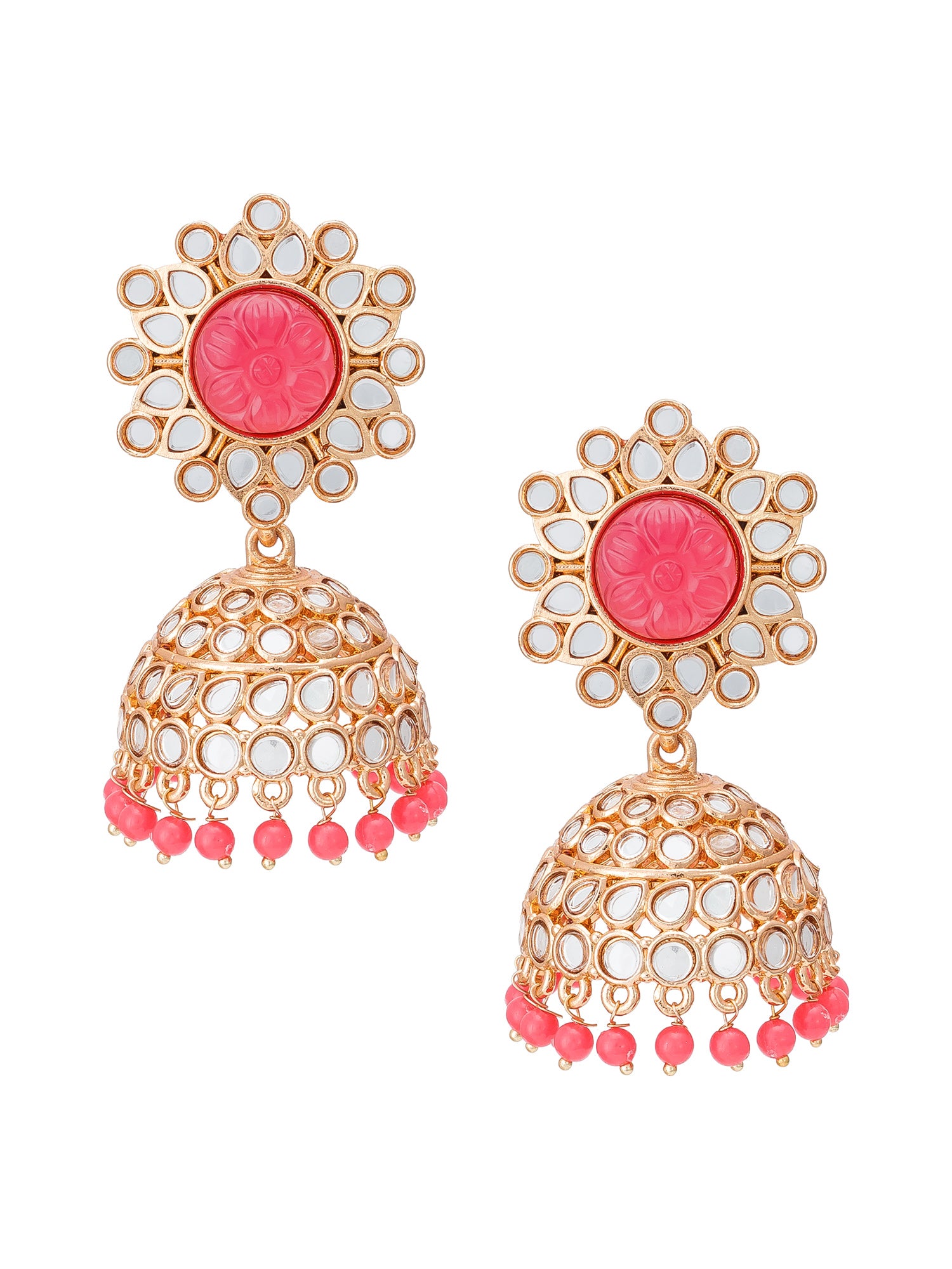 Aadita Wedding Wear Rose Gold-Tone Kundan Jhumka Earrings with Carved Pink Stone Top and Coral Bead Drops