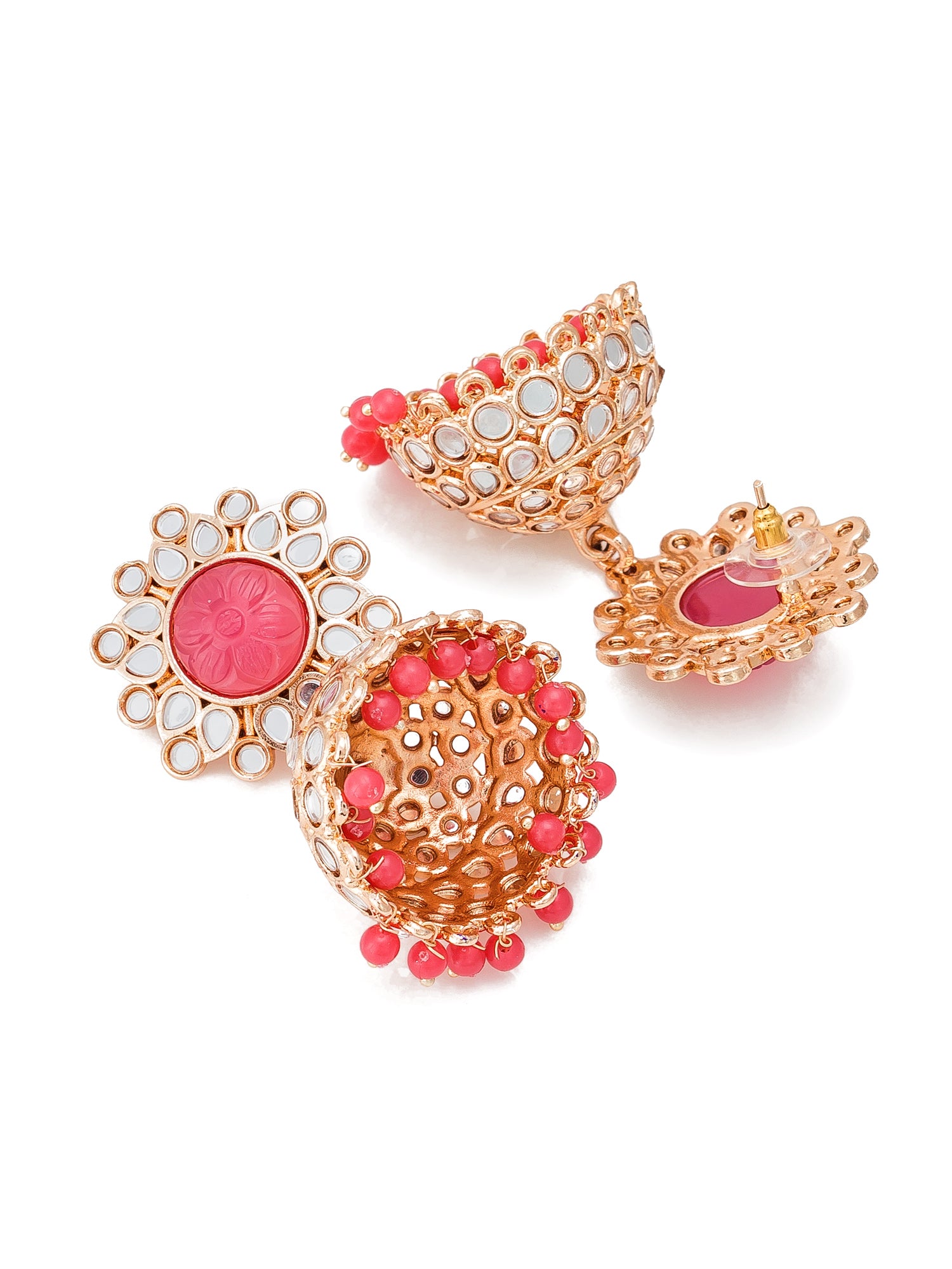 Aadita Wedding Wear Rose Gold-Tone Kundan Jhumka Earrings with Carved Pink Stone Top and Coral Bead Drops