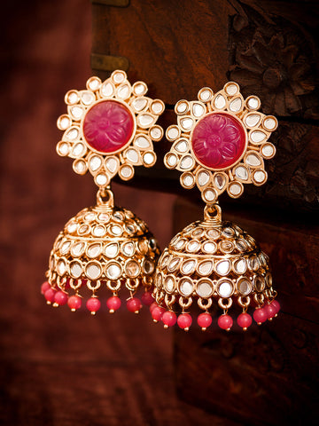Aadita Wedding Wear Rose Gold-Tone Kundan Jhumka Earrings with Carved Pink Stone Top and Coral Bead Drops