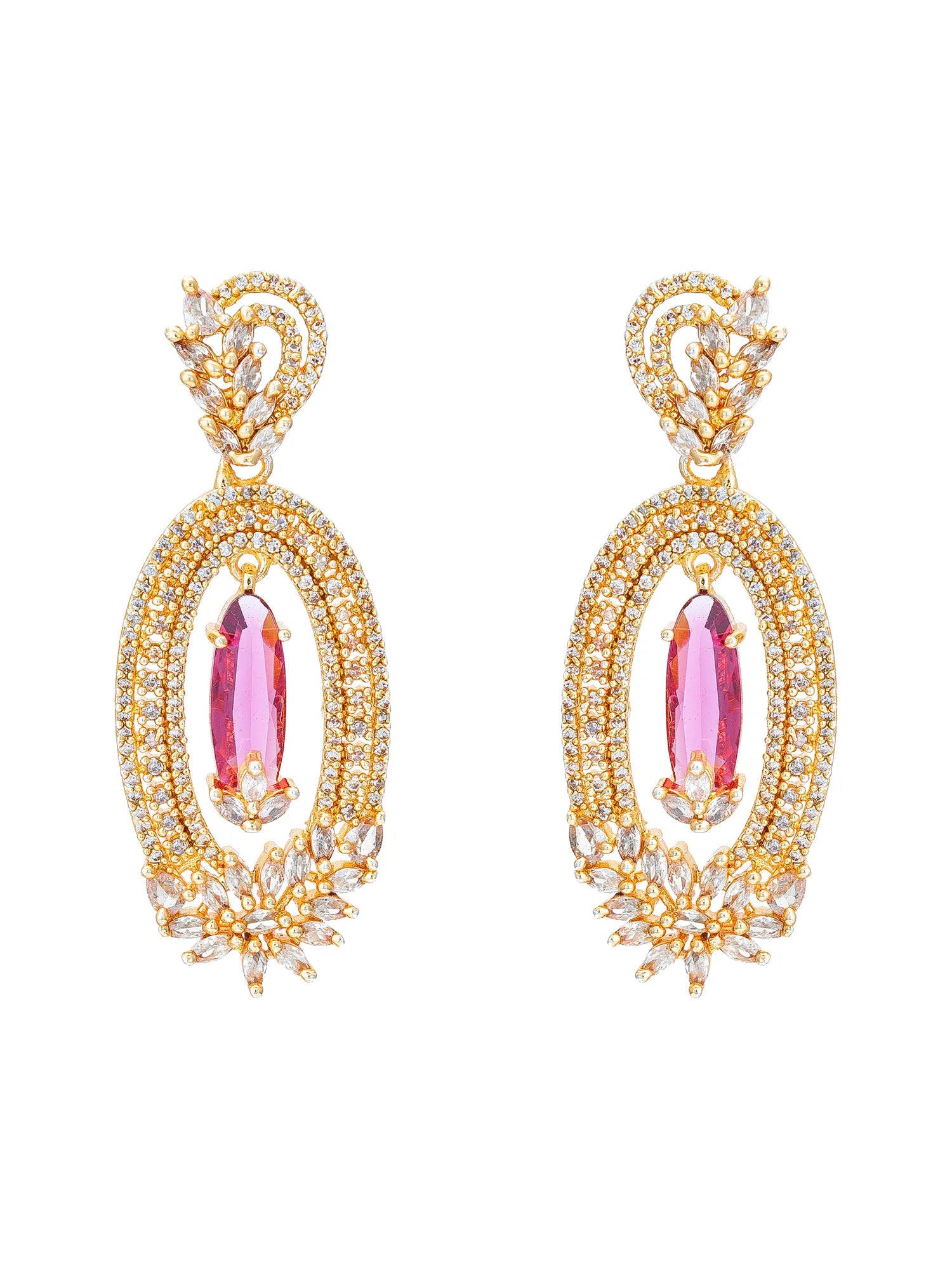 A pair of gold-plated drop earrings featuring a central marquise-cut pink gemstone surrounded by pavé-set clear crystals, with ornate floral details at the top and bottom.