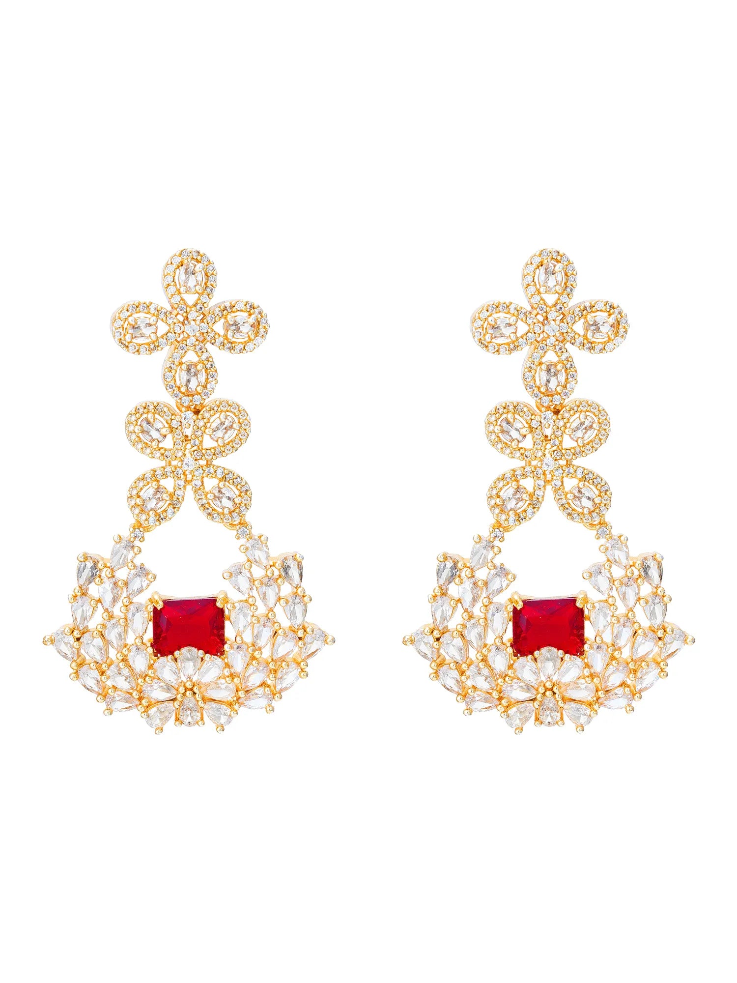 A pair of gold-toned statement dangle earrings featuring a floral trellis top and a large square-cut red center stone surrounded by clear crystals, set against a plain white background.