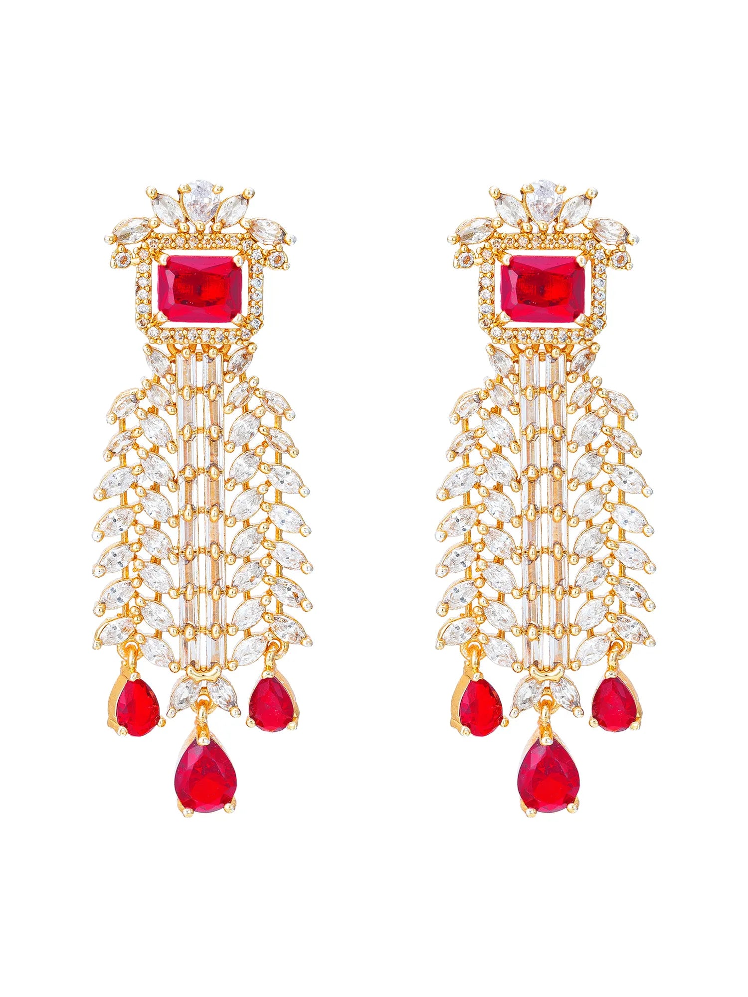 A pair of gold-plated dangle earrings featuring a rectangular red gemstone at the top, surrounded by clear baguette and round-cut crystals, with three dangling red teardrop gemstones at the bottom.