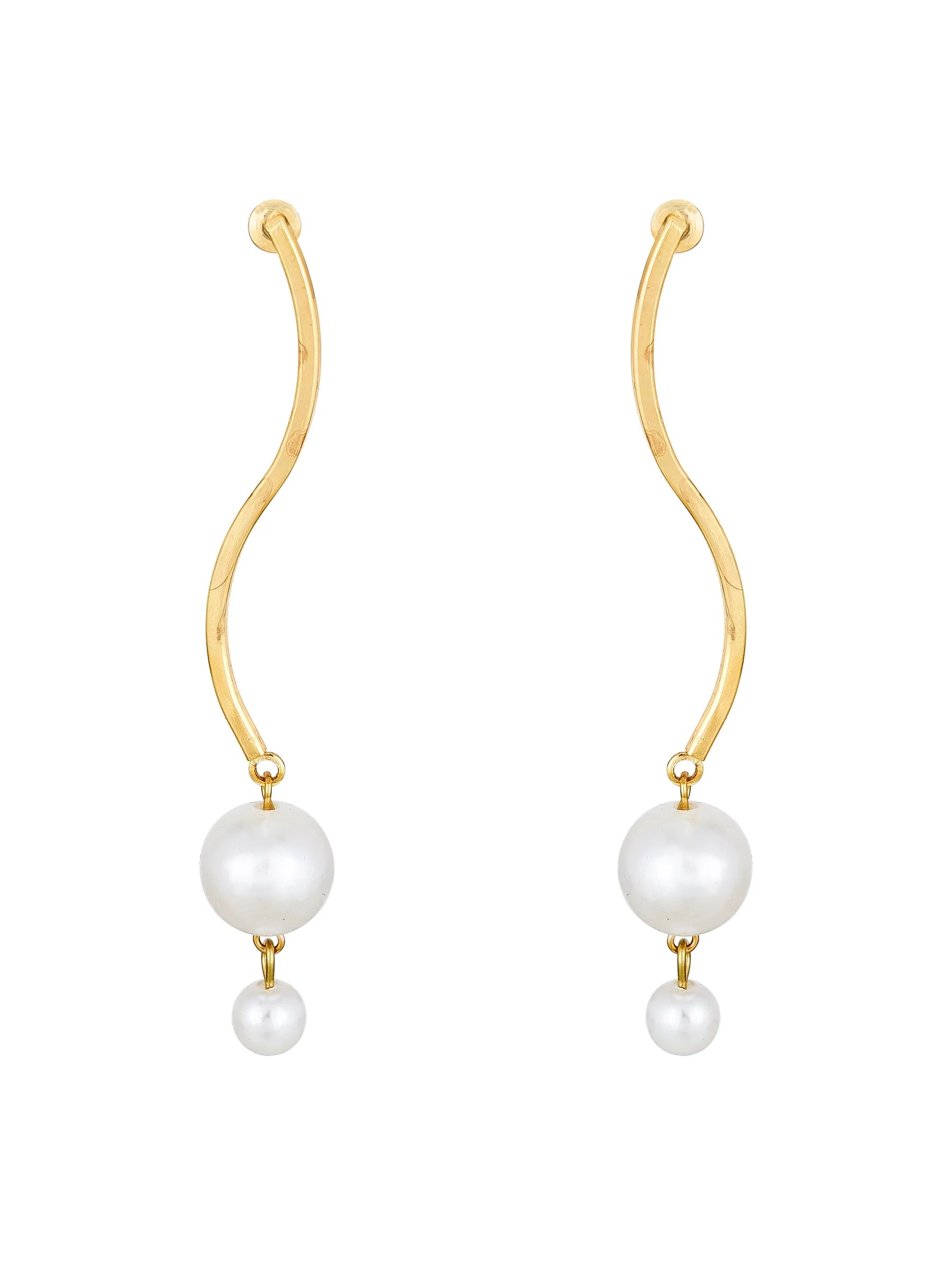 A pair of gold wavy hoop drop earrings with white pearl beads, shown against a plain white background.