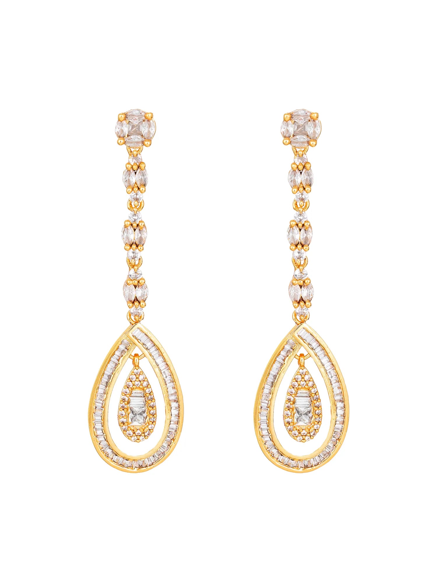 A pair of gold teardrop dangle earrings with clear pavé-set stones, displayed on jewelry busts against a white background.