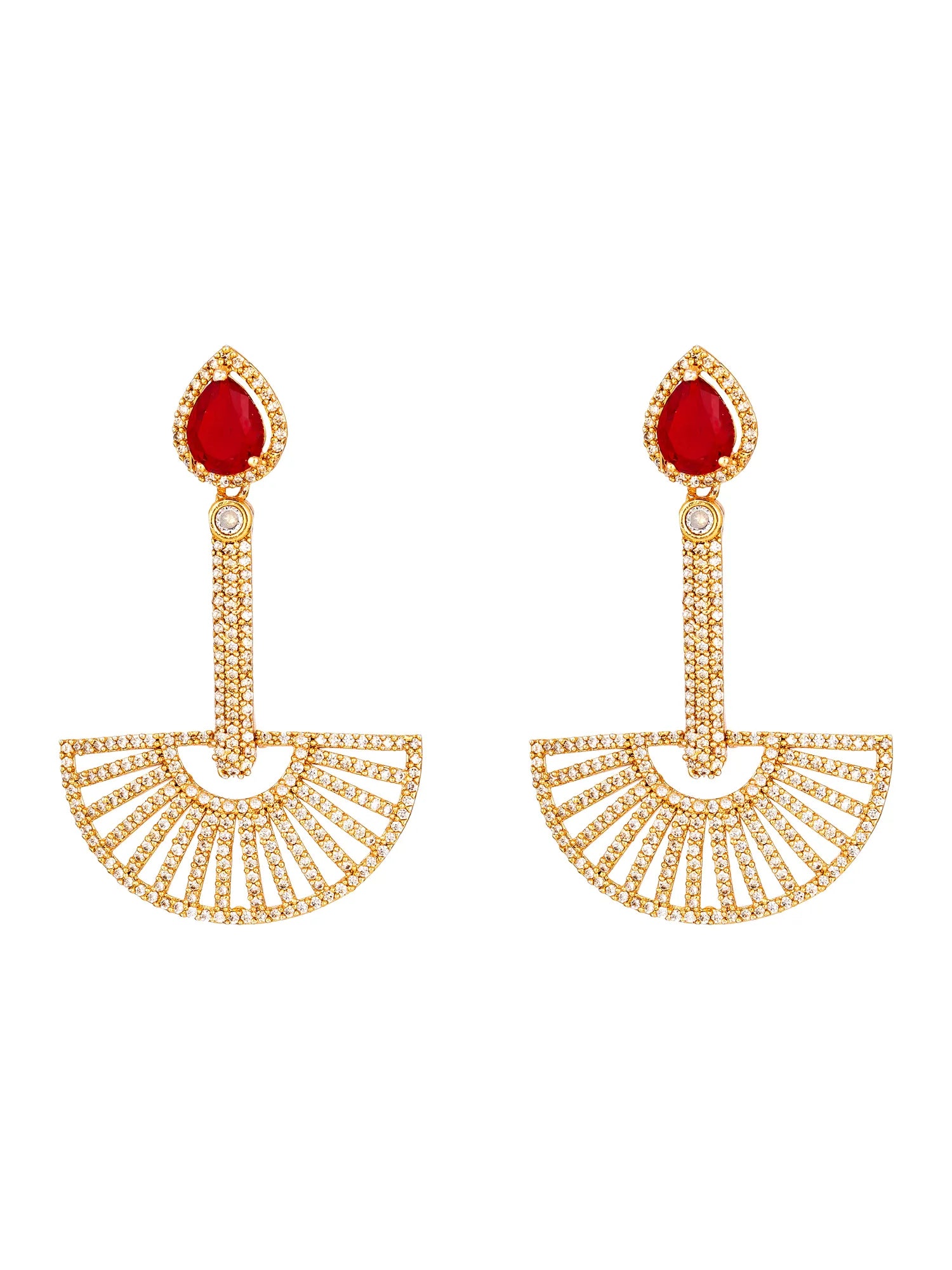 A pair of gold-tone drop earrings featuring a teardrop-shaped red gemstone at the top, a vertical bar with a small clear stone, and a wide fan-shaped lower section paved with small clear stones, shown on a plain white background.
