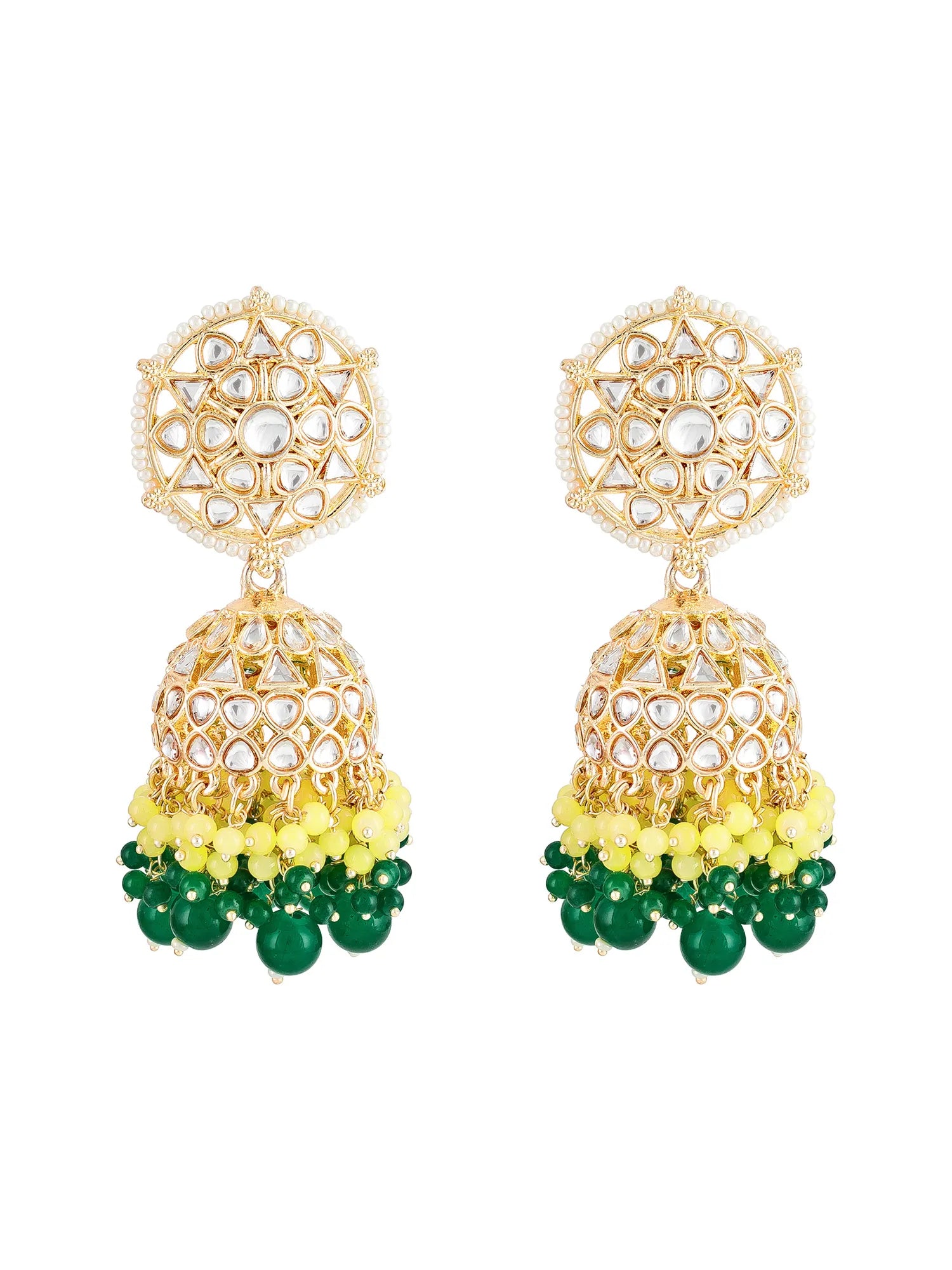 A pair of gold-plated Indian jhumka earrings decorated with clear stones in the upper dome, yellow beads in the middle, and green beads at the bottom, shown on a plain white background.