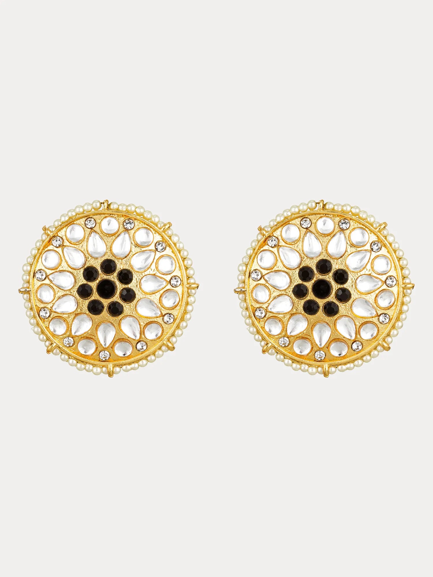 Kundan Round Floral Black Stone Stud Earrings On A White Background