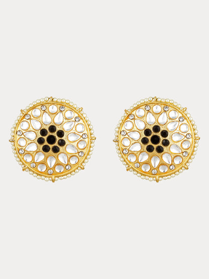 Kundan Round Floral Black Stone Stud Earrings On A White Background