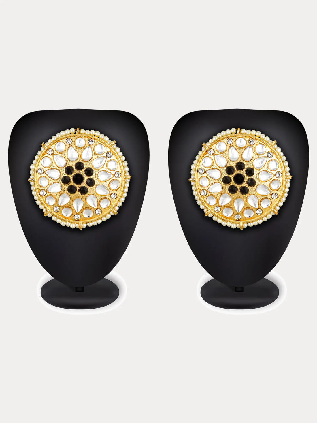 Kundan Round Floral Black Stone Stud Earrings