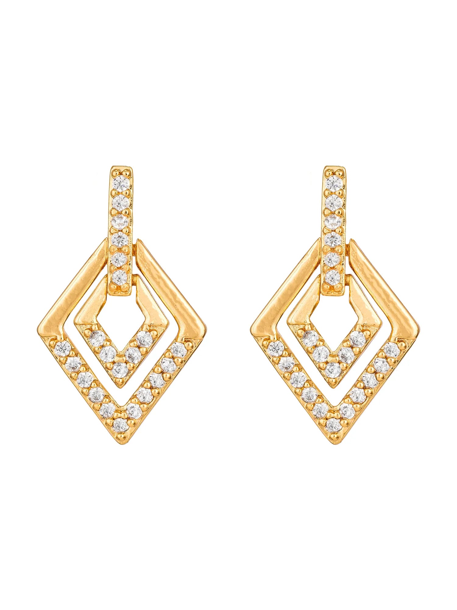 A pair of gold geometric drop earrings featuring nested diamond-shaped designs paved with small clear cubic zirconia stones, set against a plain white background.