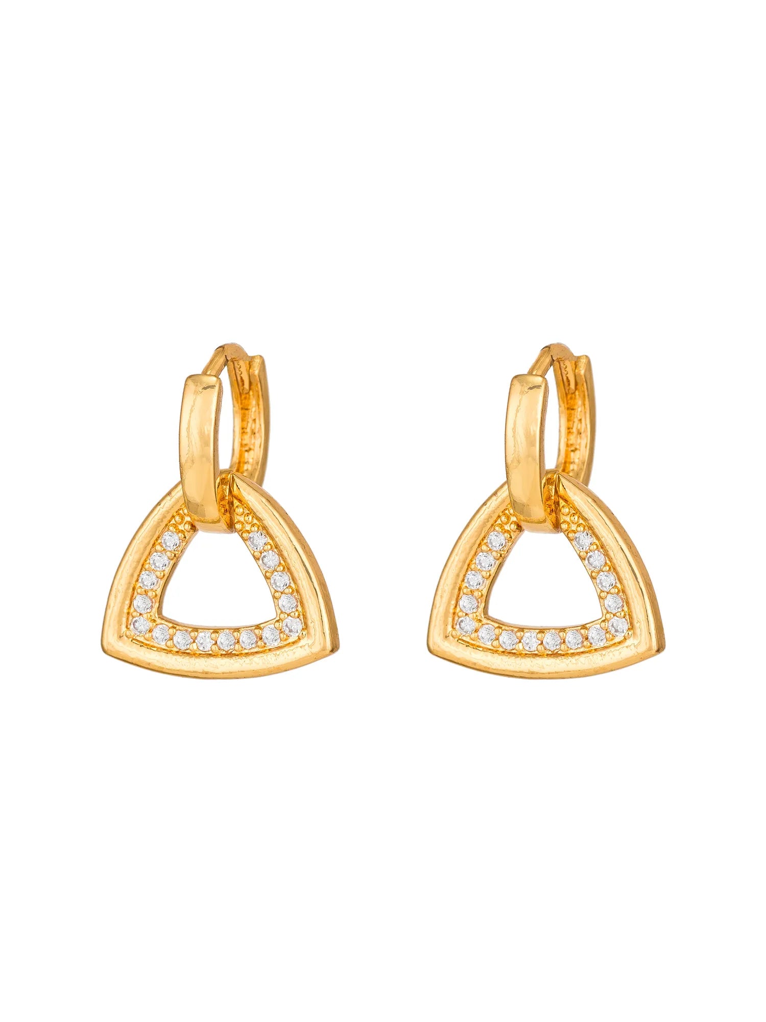 A pair of gold huggie hoop earrings with open triangular dangle charms paved with small clear stones, shown on a plain white background.