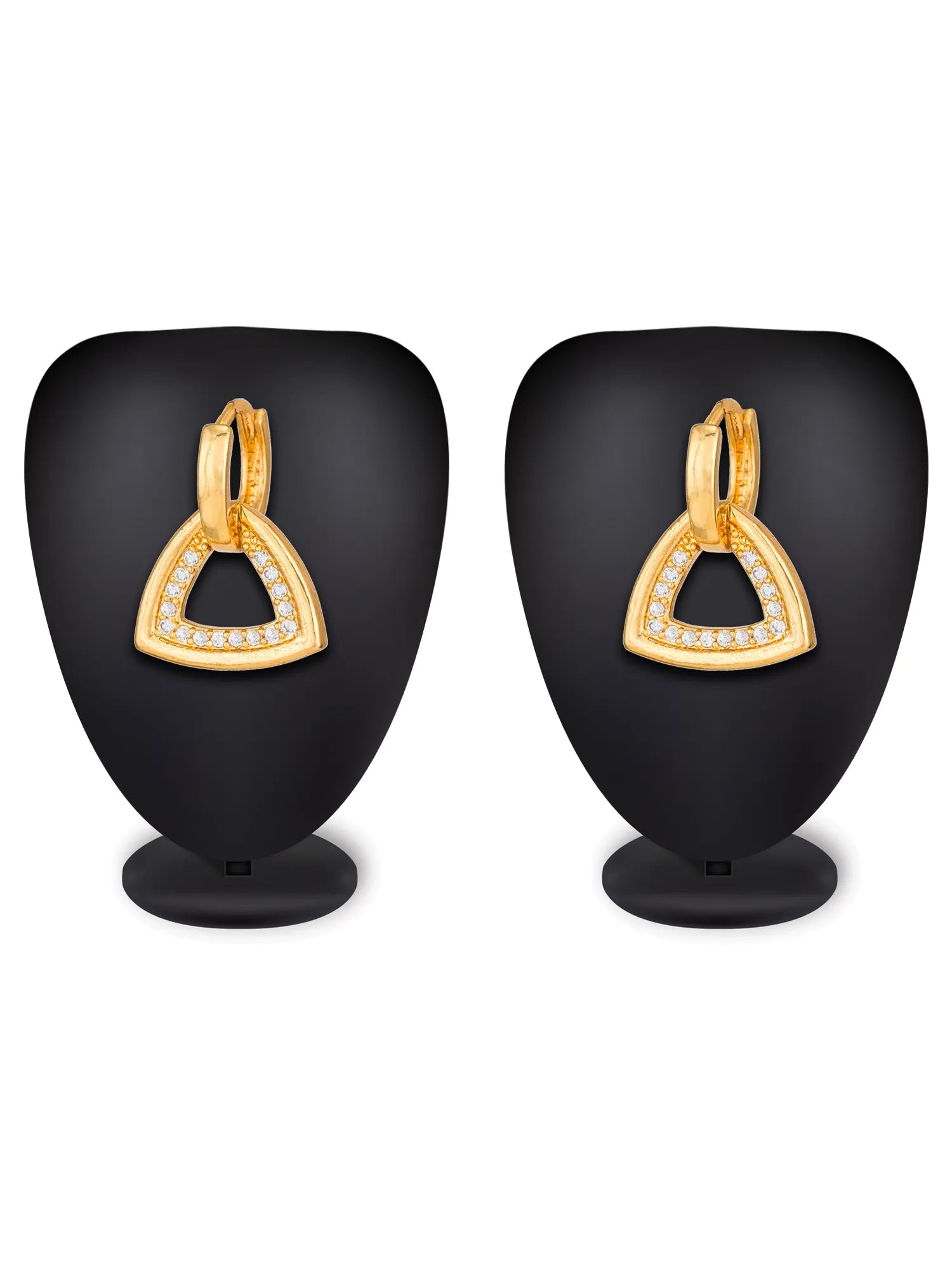 A pair of gold triangular hoop earrings with a border of small clear stones, displayed on black mannequin busts against a white background.