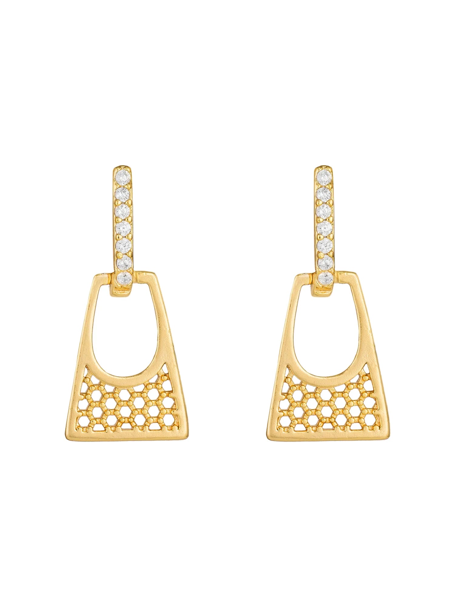 A pair of gold geometric drop earrings with pavé diamond details, shown on a plain white background.