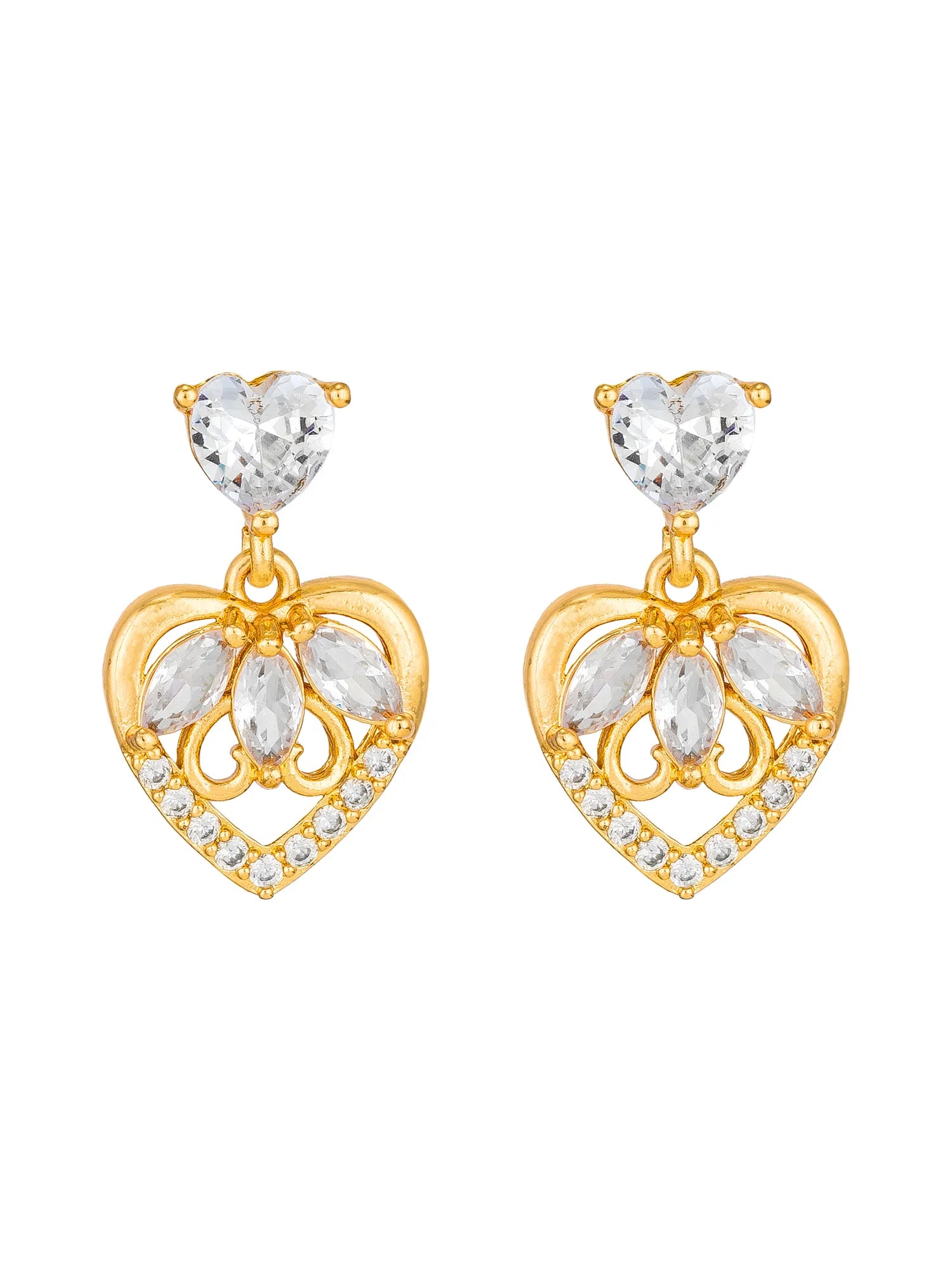 A pair of gold heart-shaped drop earrings with clear heart-shaped and marquise-cut crystals, set against a plain white background.