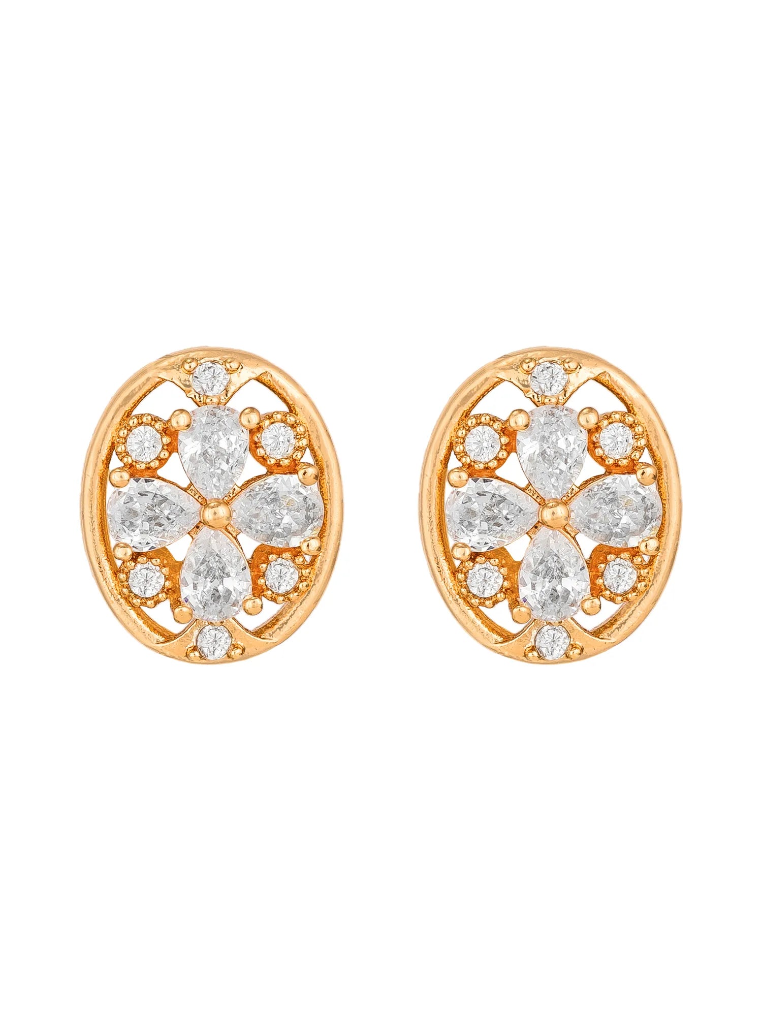 A pair of oval gold stud earrings with clear pavé gemstones arranged in a floral pattern, shown on a plain white background.