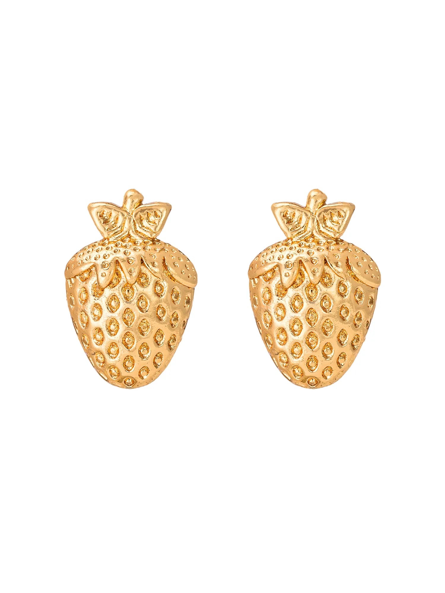 A pair of gold-colored strawberry stud earrings with a textured, dimpled surface and small leaf tops, shown against a plain white background.