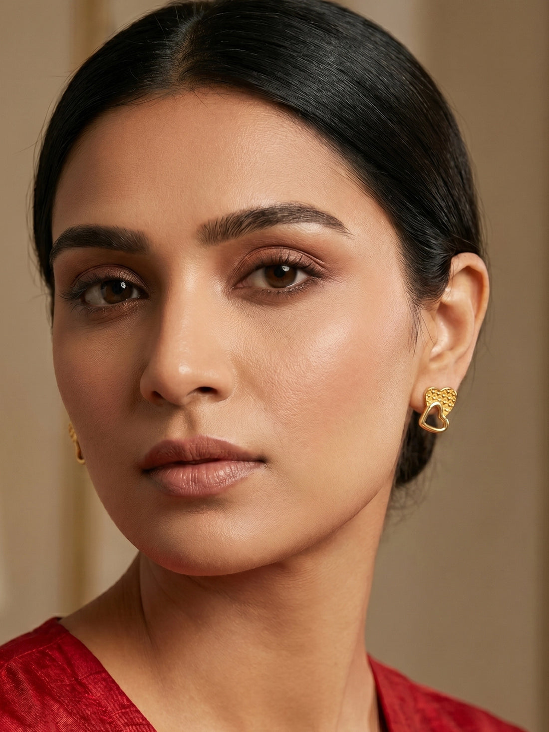 Aadita Gold-Toned Double Heart Texture Stud Earrings
