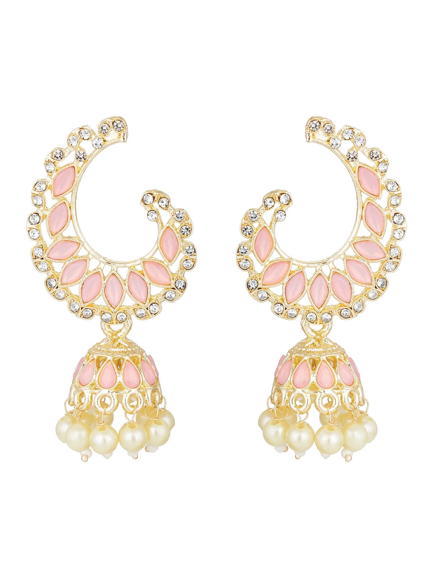 A pair of gold-plated crescent-shaped huggie earrings decorated with pink marquise and oval enamel stones, accented with clear crystals, and finished with dangling bell-shaped jhumka clusters of cream-colored faux pearls.