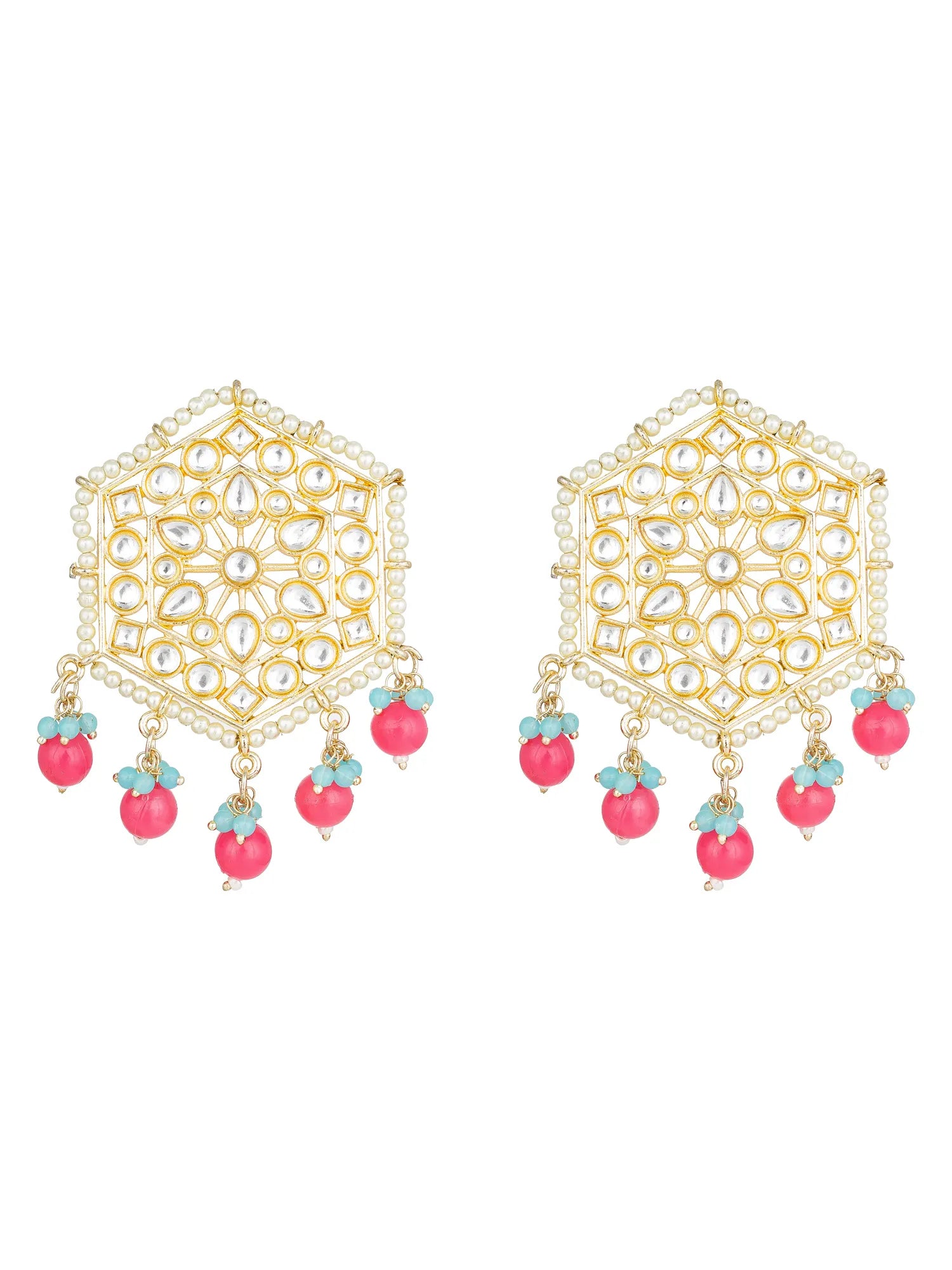 A pair of gold-plated hexagonal chandelier earrings decorated with white stones and dangling pink beads with mint green accents, shown on a plain white background.