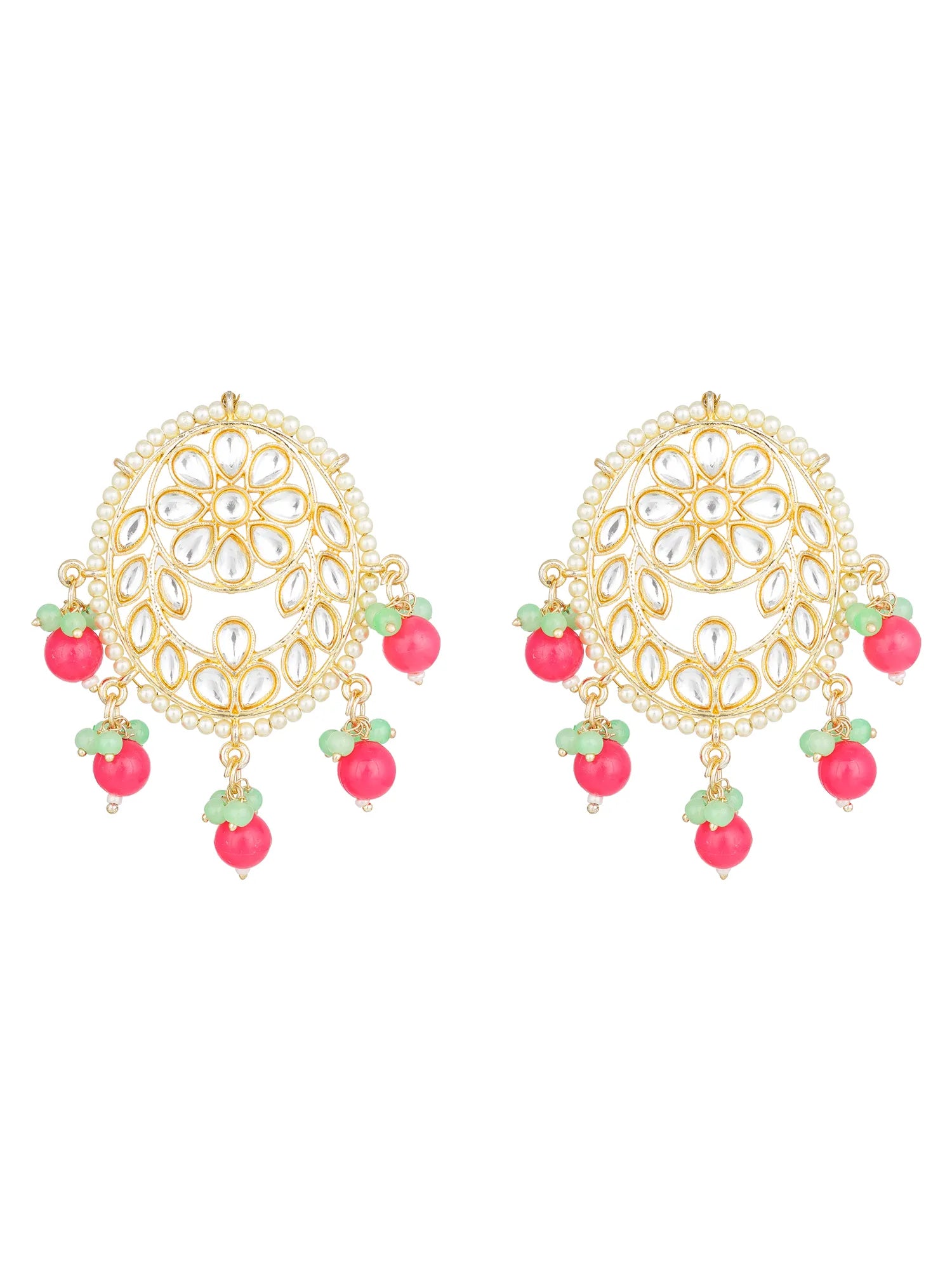 A pair of gold-toned traditional Indian jhumka earrings decorated with white faux pearls, intricate filigree work, and dangling pink bead drops with small light green leaf accents, shown against a plain white background.