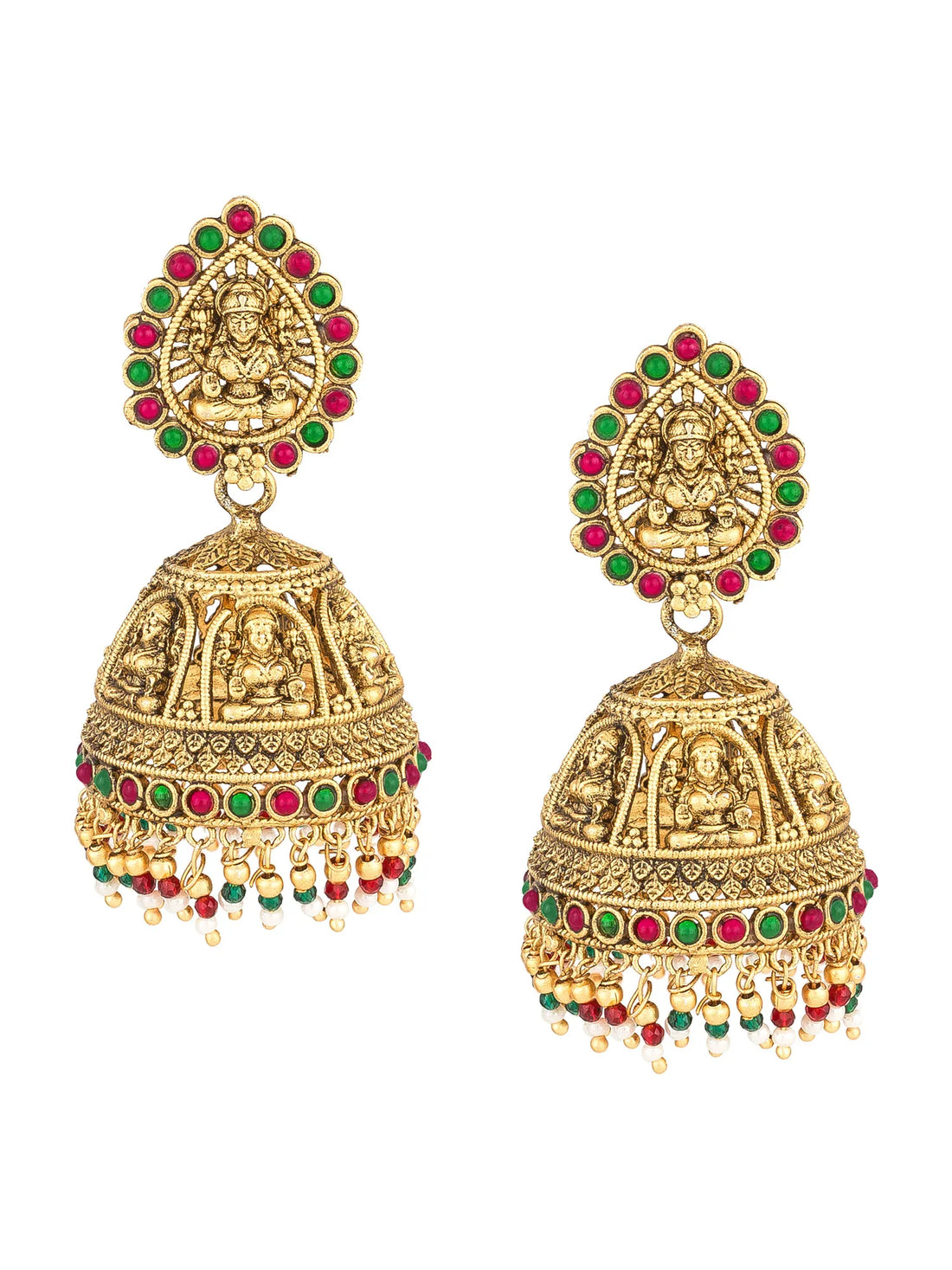 A pair of ornate gold-toned Indian jhumka earrings decorated with red and green stones and white bead tassels, displayed on a light green background with a decorative red lotus flower in the top right corner.