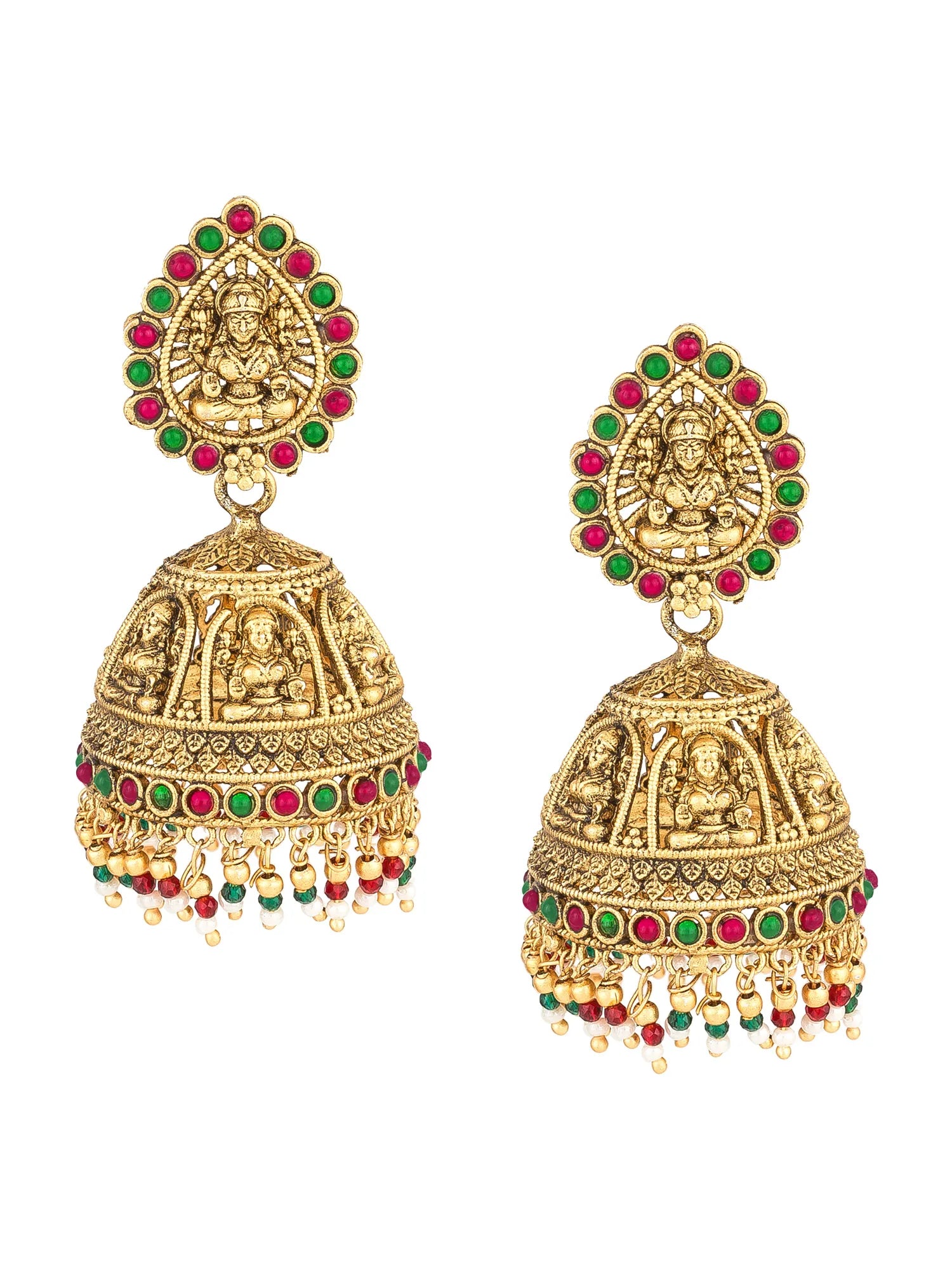 A pair of traditional Indian gold-plated jhumka earrings decorated with red and green stones and detailed with deity motifs, shown on a plain white background.