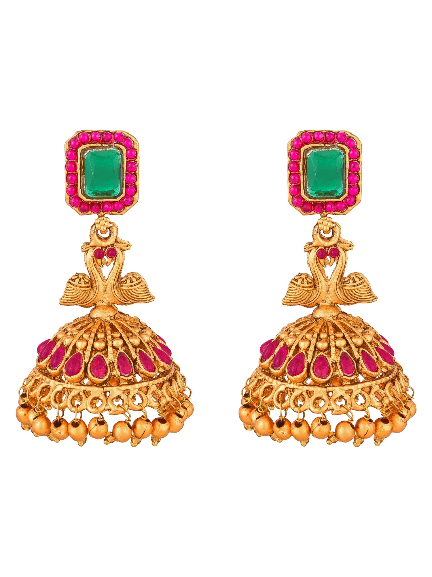 A pair of gold-plated jhumka earrings featuring rectangular green stone tops bordered with pink stones, connected to ornate bell-shaped drops embellished with pink teardrop stones and dangling gold beads.