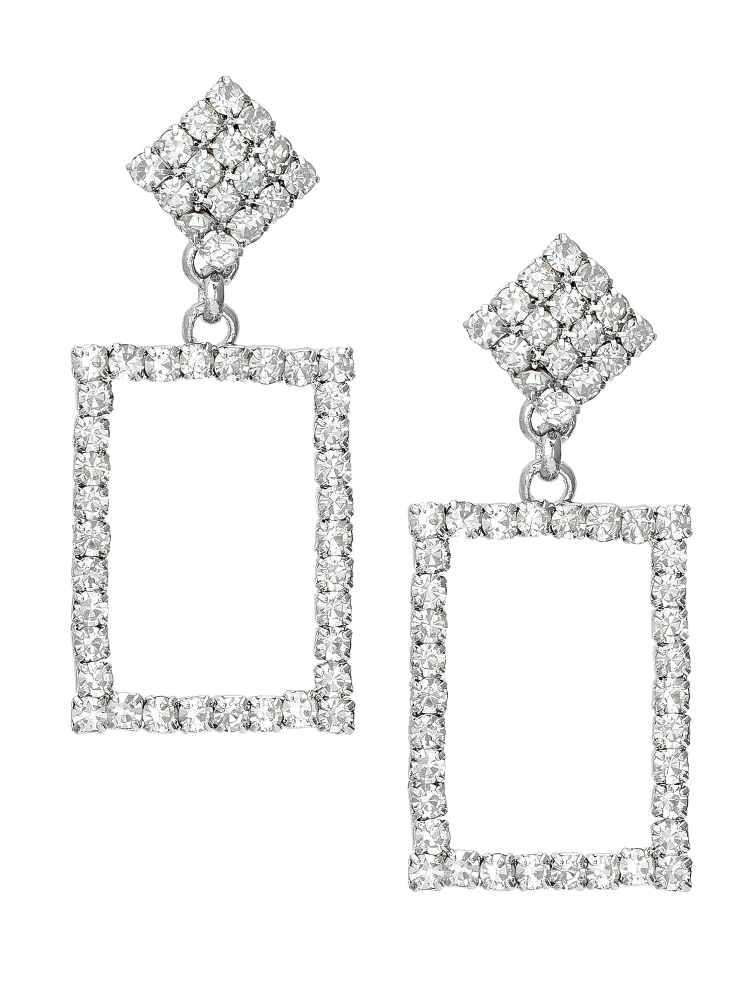A pair of silver-tone drop earrings featuring a square pavé diamond stud at the top and an open rectangular frame dangling below, both encrusted with clear cubic zirconia stones on a plain white background.
