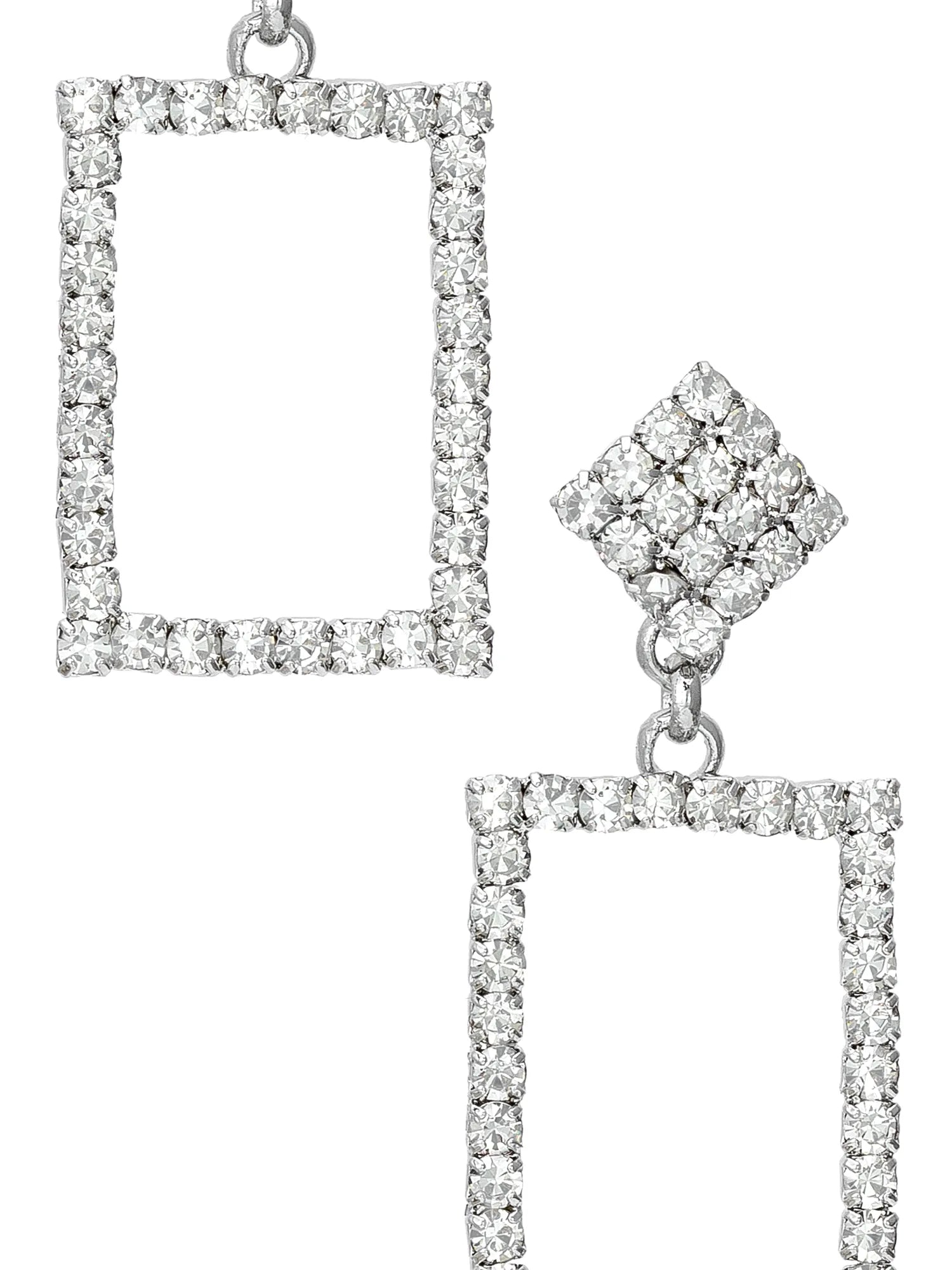 Silver-tone geometric dangle earrings featuring clear cubic zirconia stones in a rectangular frame and a diamond-shaped cluster top, shown on a plain white background.