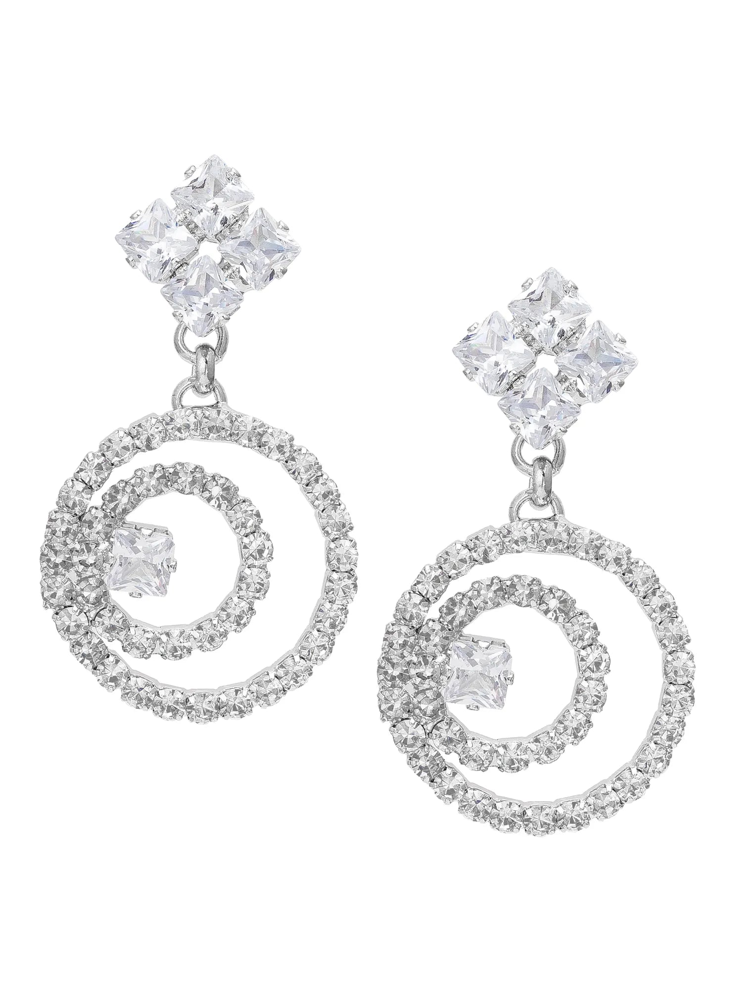 Silver spiral earrings with clear gemstones on a white background