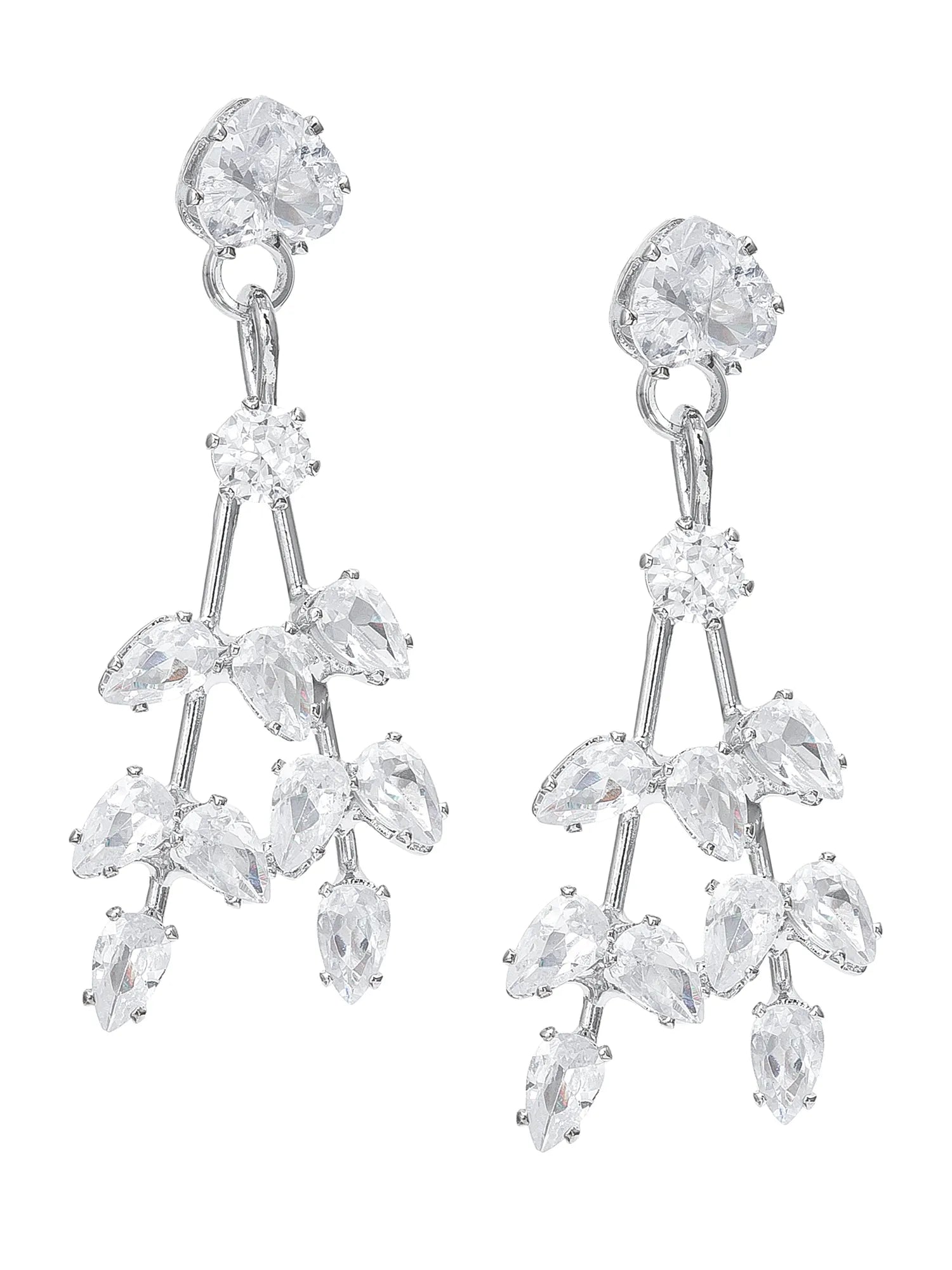 A pair of silver-tone chandelier drop earrings adorned with clear marquise and round-cut rhinestones, set against a plain white background.