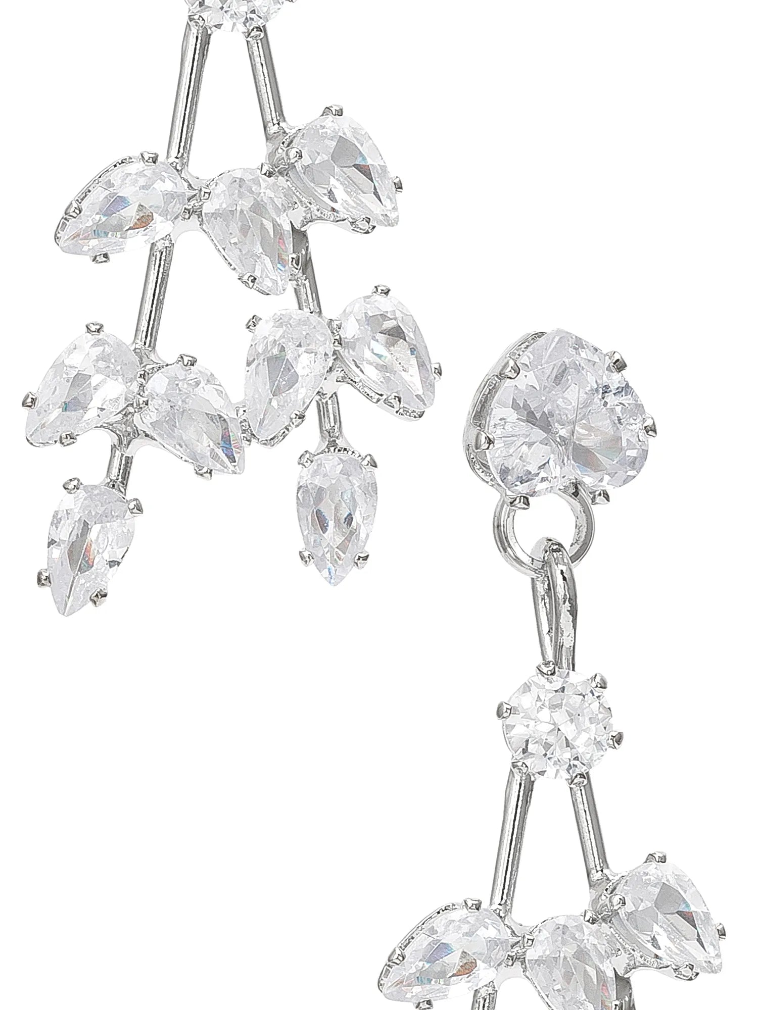 Silver-tone drop earrings with clear marquise and round-cut rhinestones on a plain white background.
