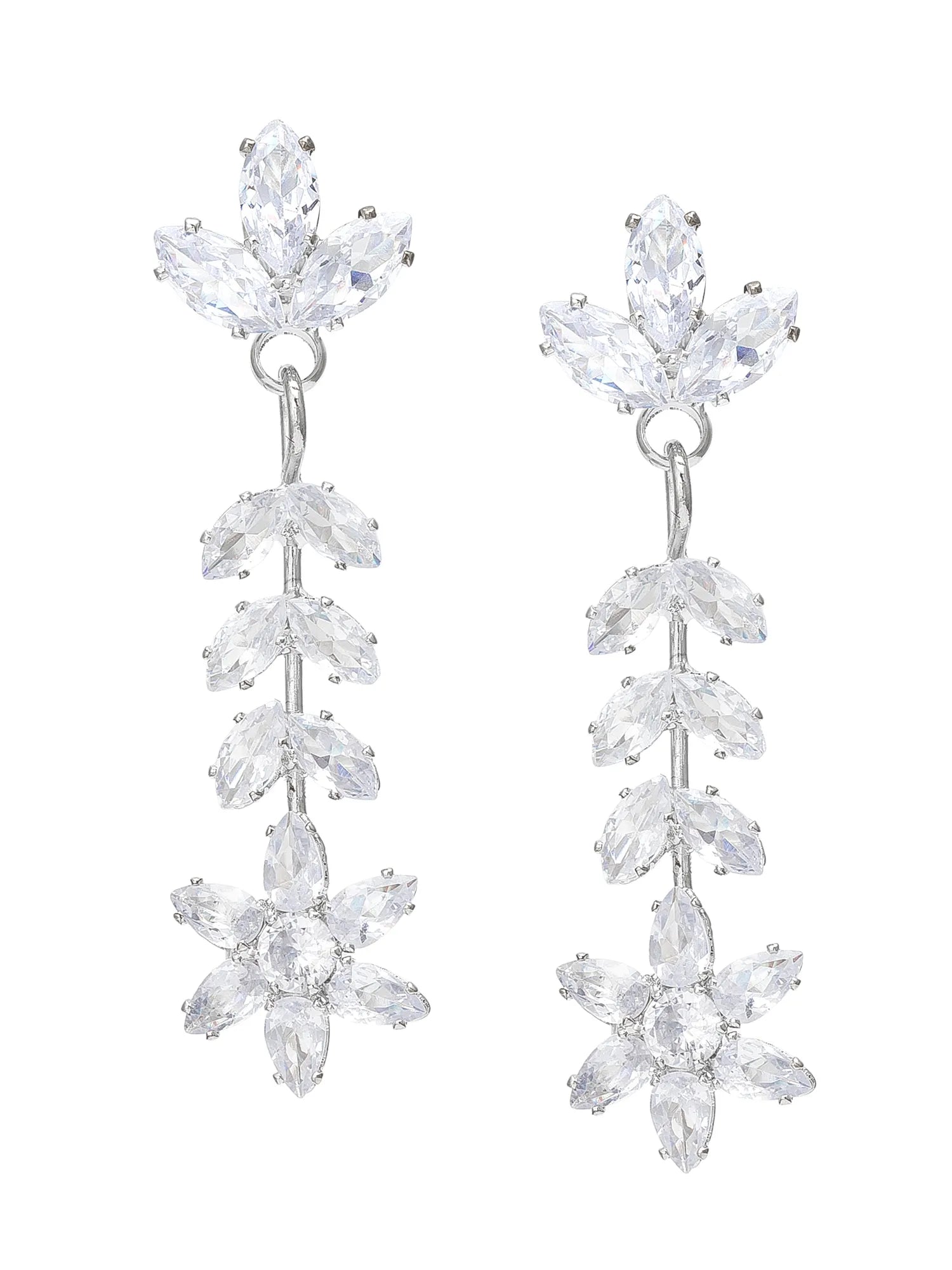 A pair of silver-tone dangle earrings adorned with clear, faceted crystal-like rhinestones arranged in floral clusters, shown against a plain white background.