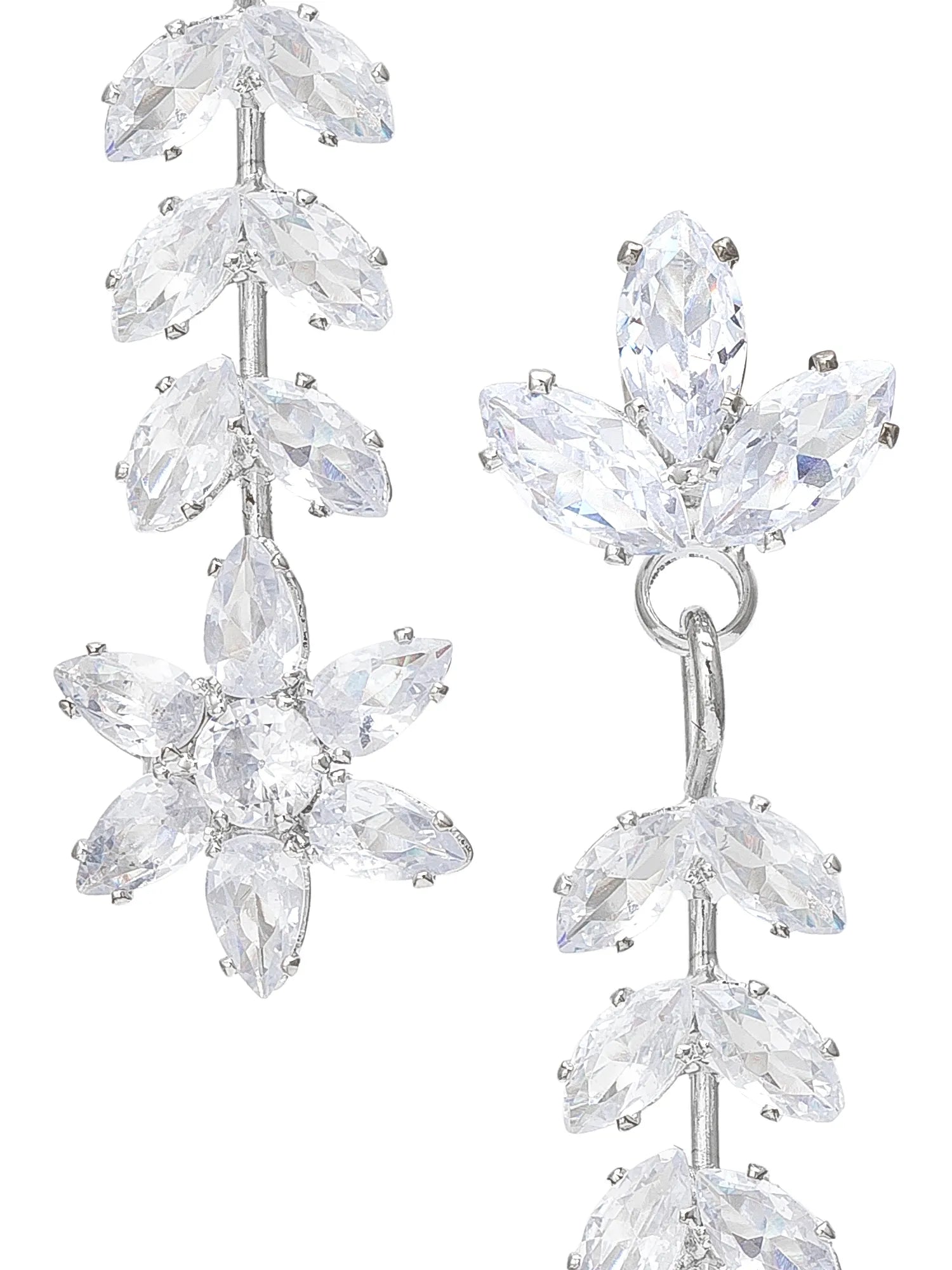 A pair of silver-tone dangle earrings embellished with clear marquise and round crystals arranged in a floral and leaf pattern, shown against a plain white background.