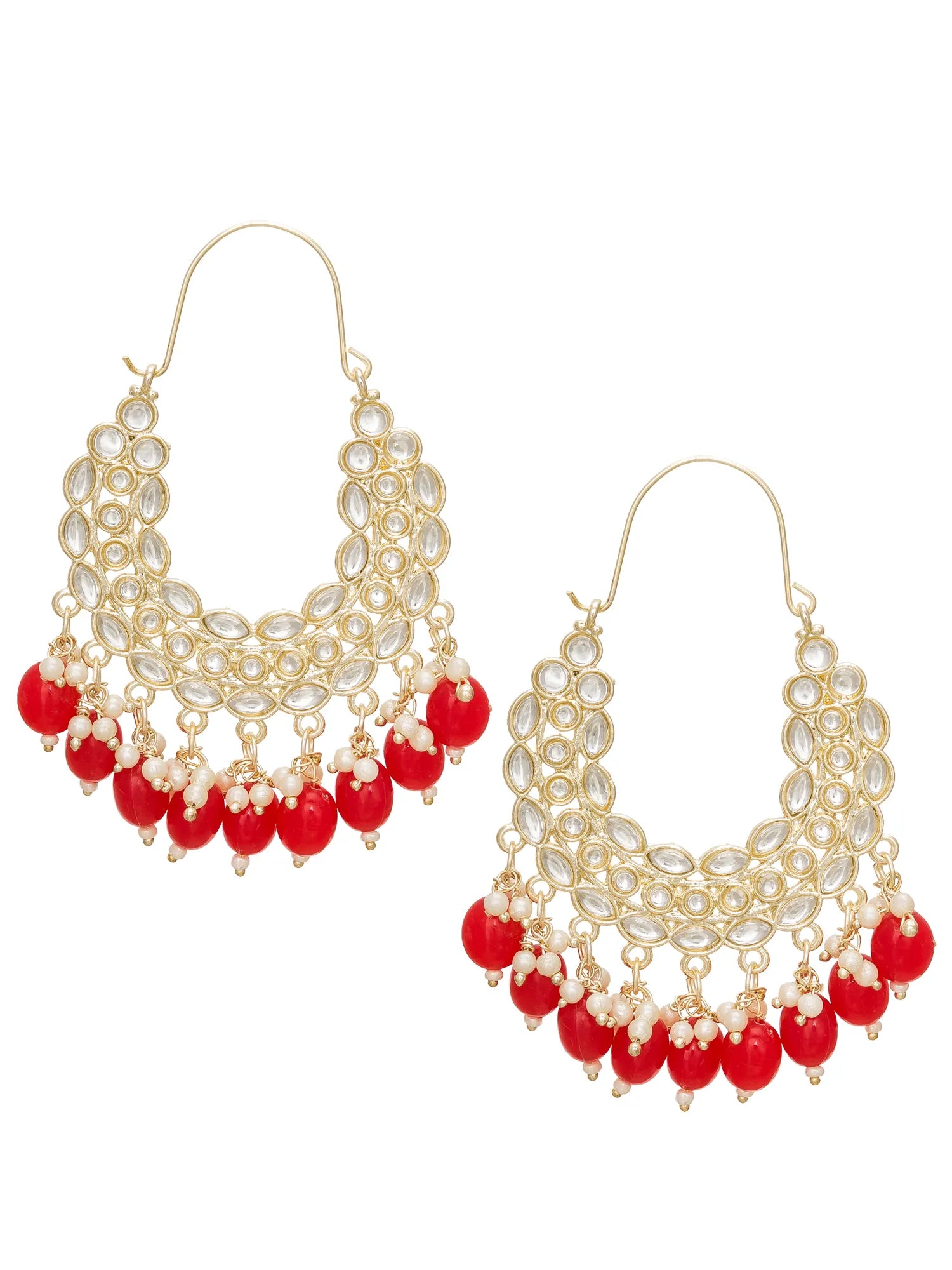 Pair of gold and red beaded earrings on a white background
