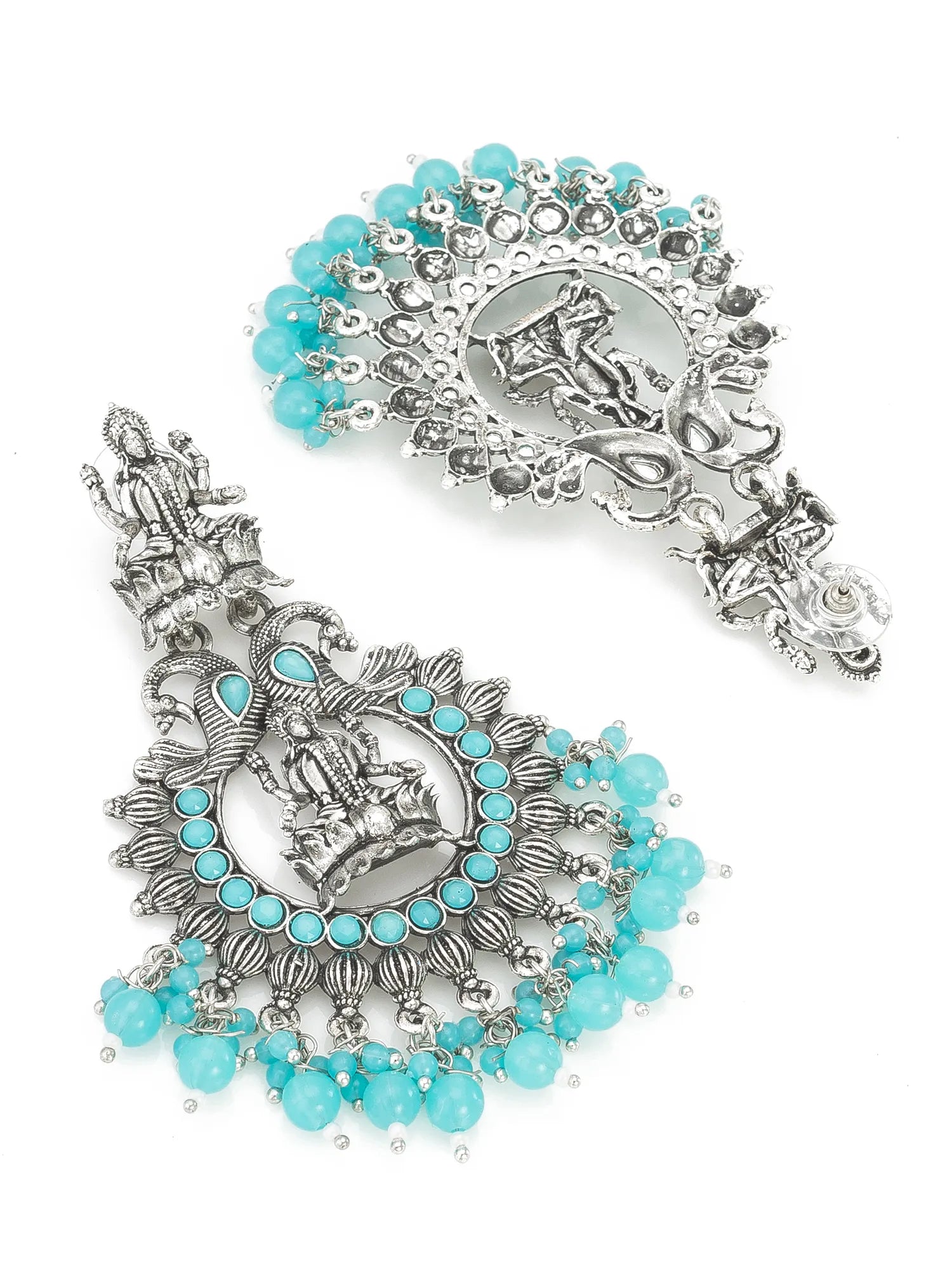 Silver and turquoise beaded earrings on a white background