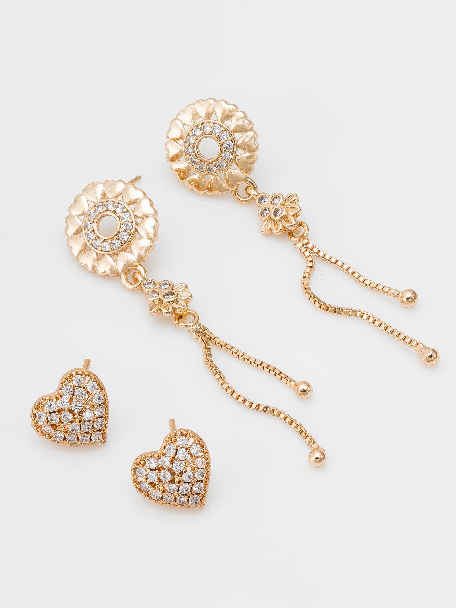 Aadita Casual Wear Gold-Plated AD Stone Floral Disc Drop Earring Set with Heart Studs and Tassel Chain
