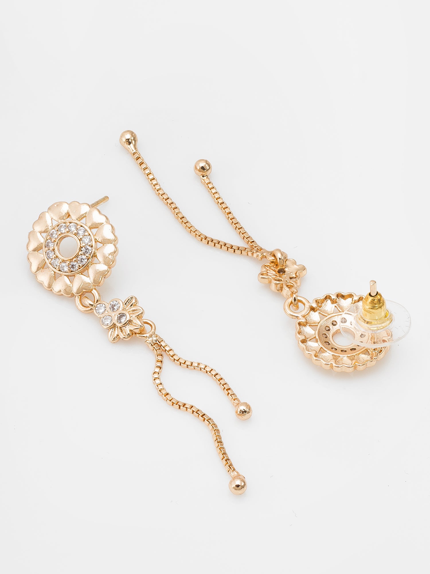 Aadita Casual Wear Gold-Plated AD Stone Floral Disc Drop Earring Set with Heart Studs and Tassel Chain