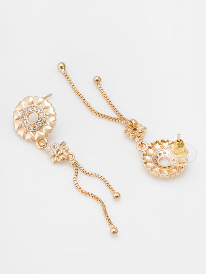 Aadita Casual Wear Gold-Plated AD Stone Floral Disc Drop Earring Set with Heart Studs and Tassel Chain