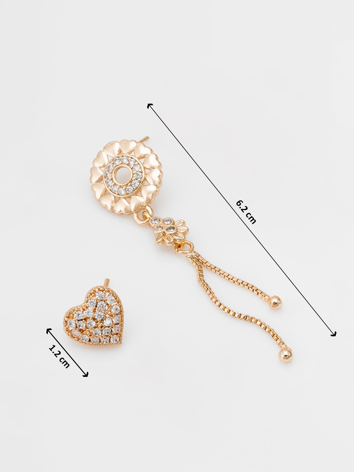 Aadita Casual Wear Gold-Plated AD Stone Floral Disc Drop Earring Set with Heart Studs and Tassel Chain