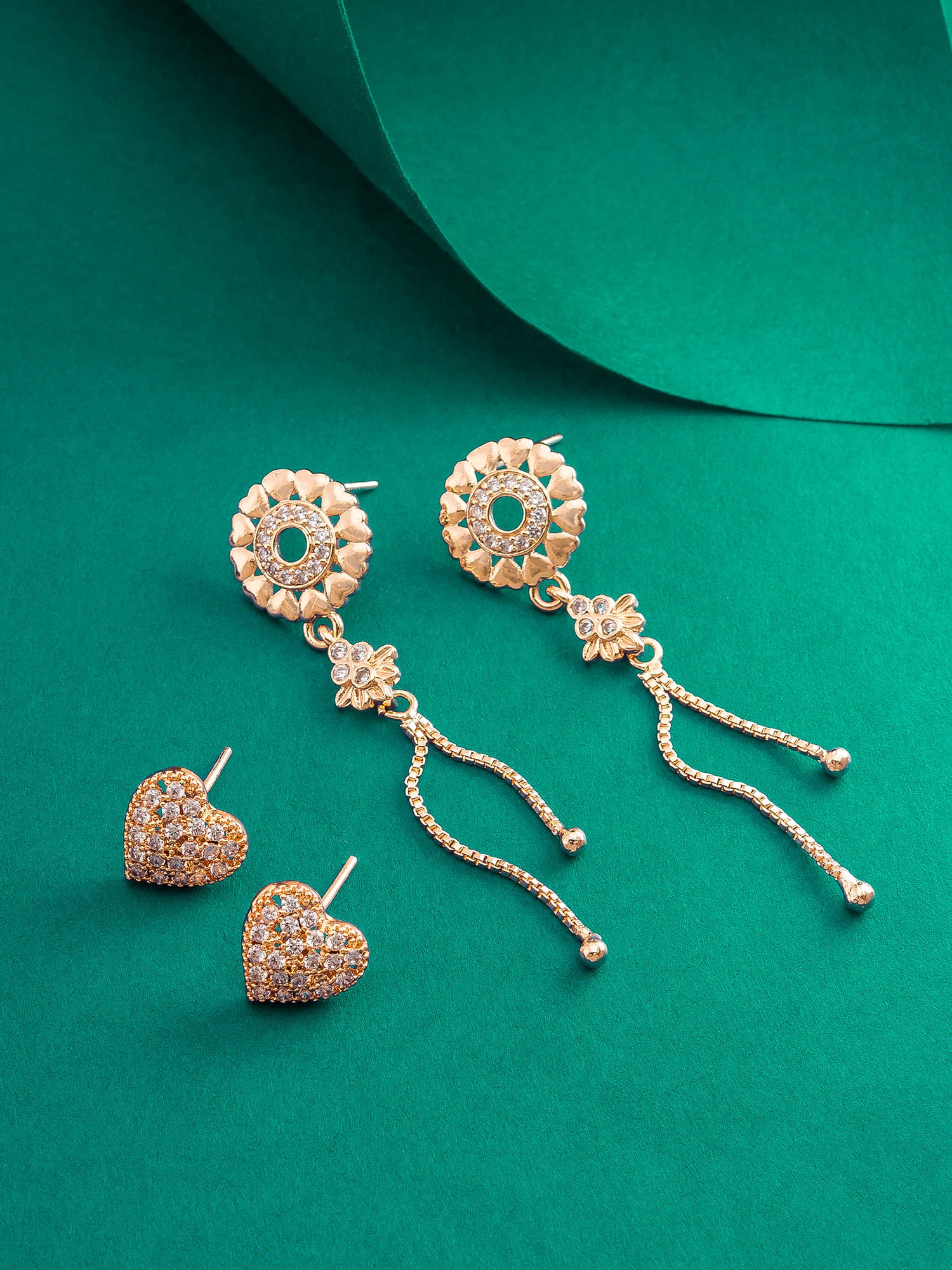 Aadita Casual Wear Gold-Plated AD Stone Floral Disc Drop Earring Set with Heart Studs and Tassel Chain