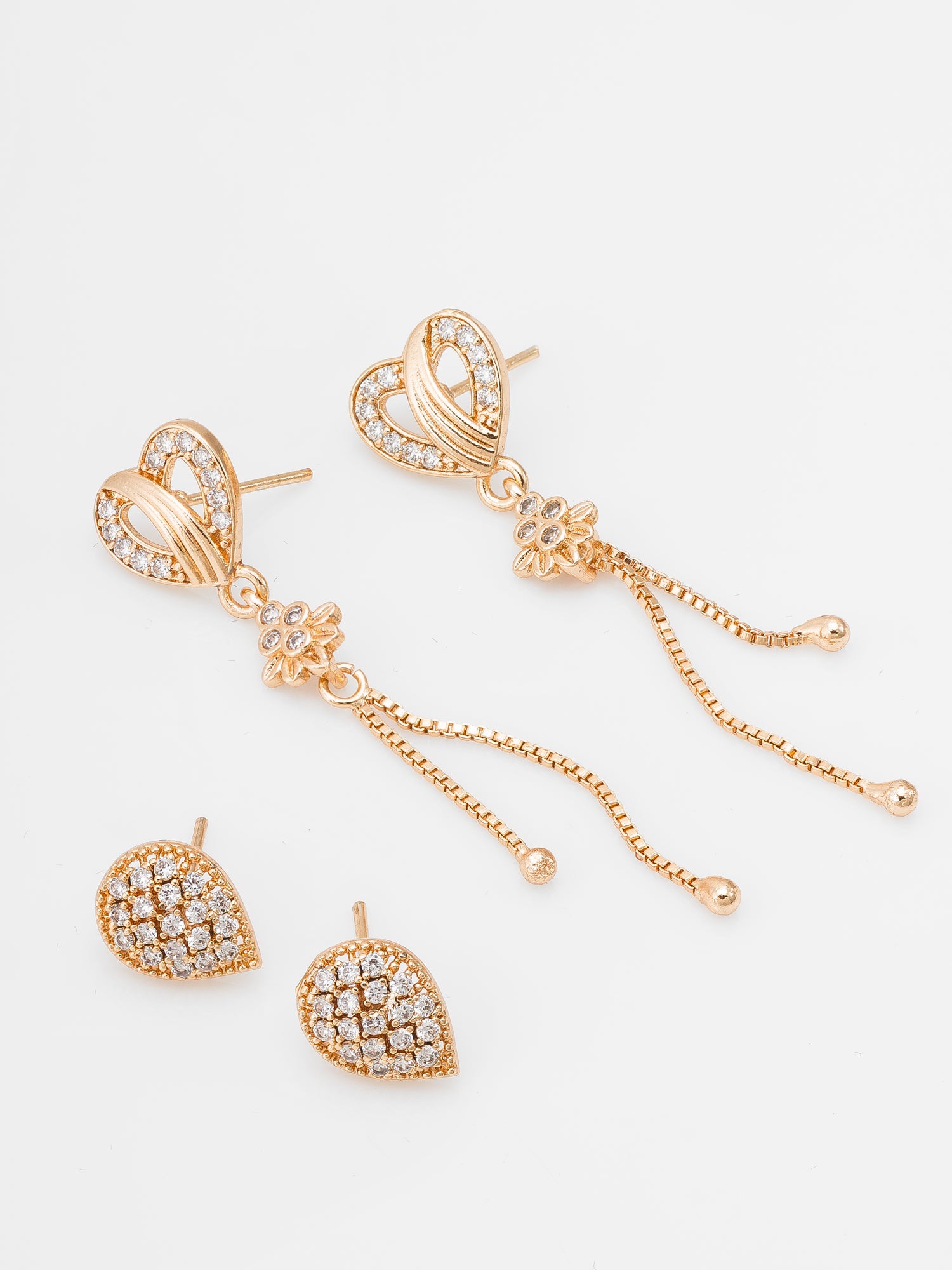 Aadita Casual & Party Wear Gold-Plated White AD Stone Heart Drop With Tassel Chain And Teardrop Stud Combo Earrings Set