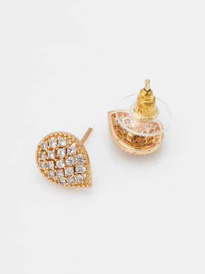 Aadita Casual & Party Wear Gold-Plated White AD Stone Heart Drop With Tassel Chain And Teardrop Stud Combo Earrings Set