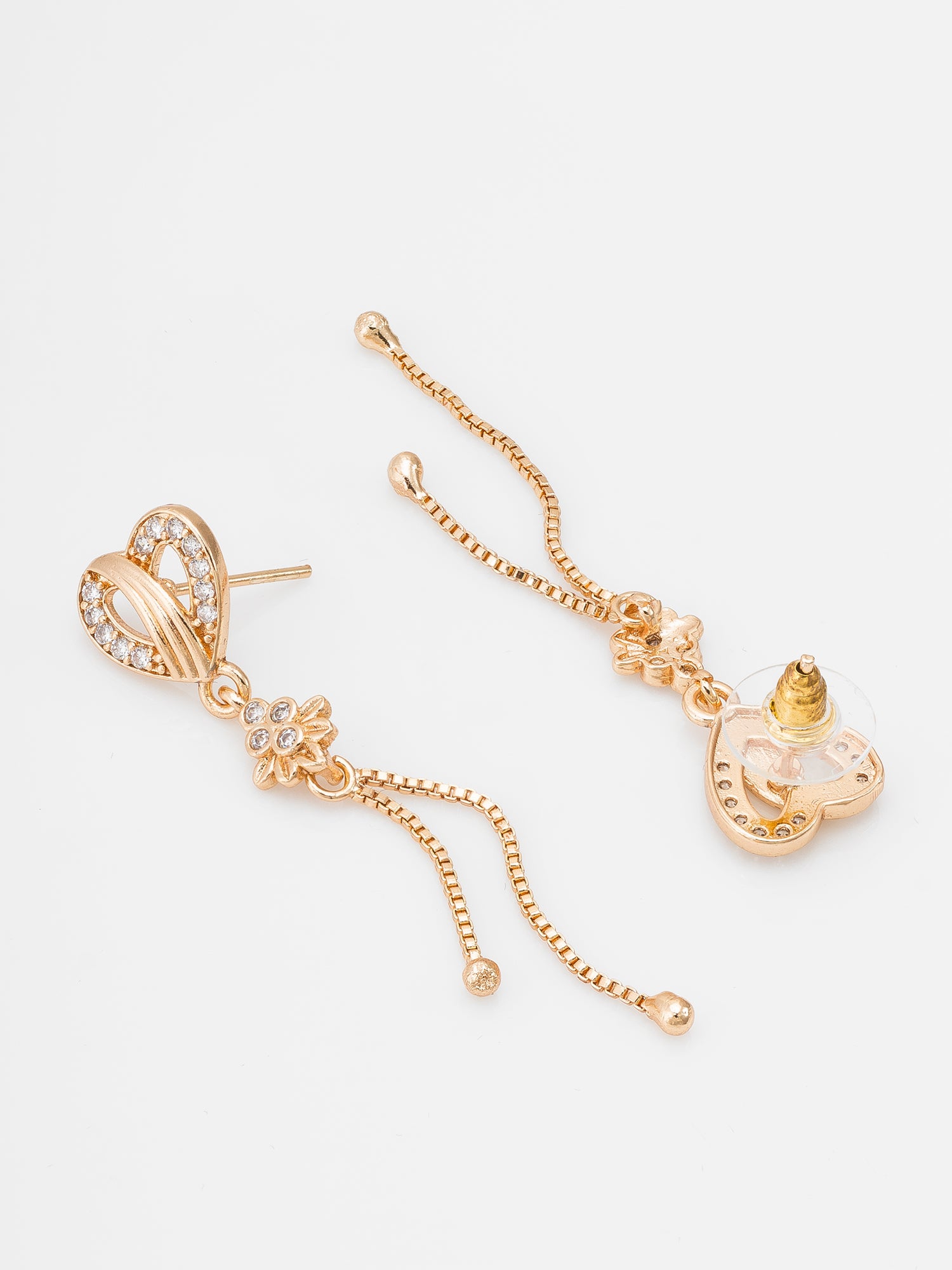 Aadita Casual & Party Wear Gold-Plated White AD Stone Heart Drop With Tassel Chain And Teardrop Stud Combo Earrings Set