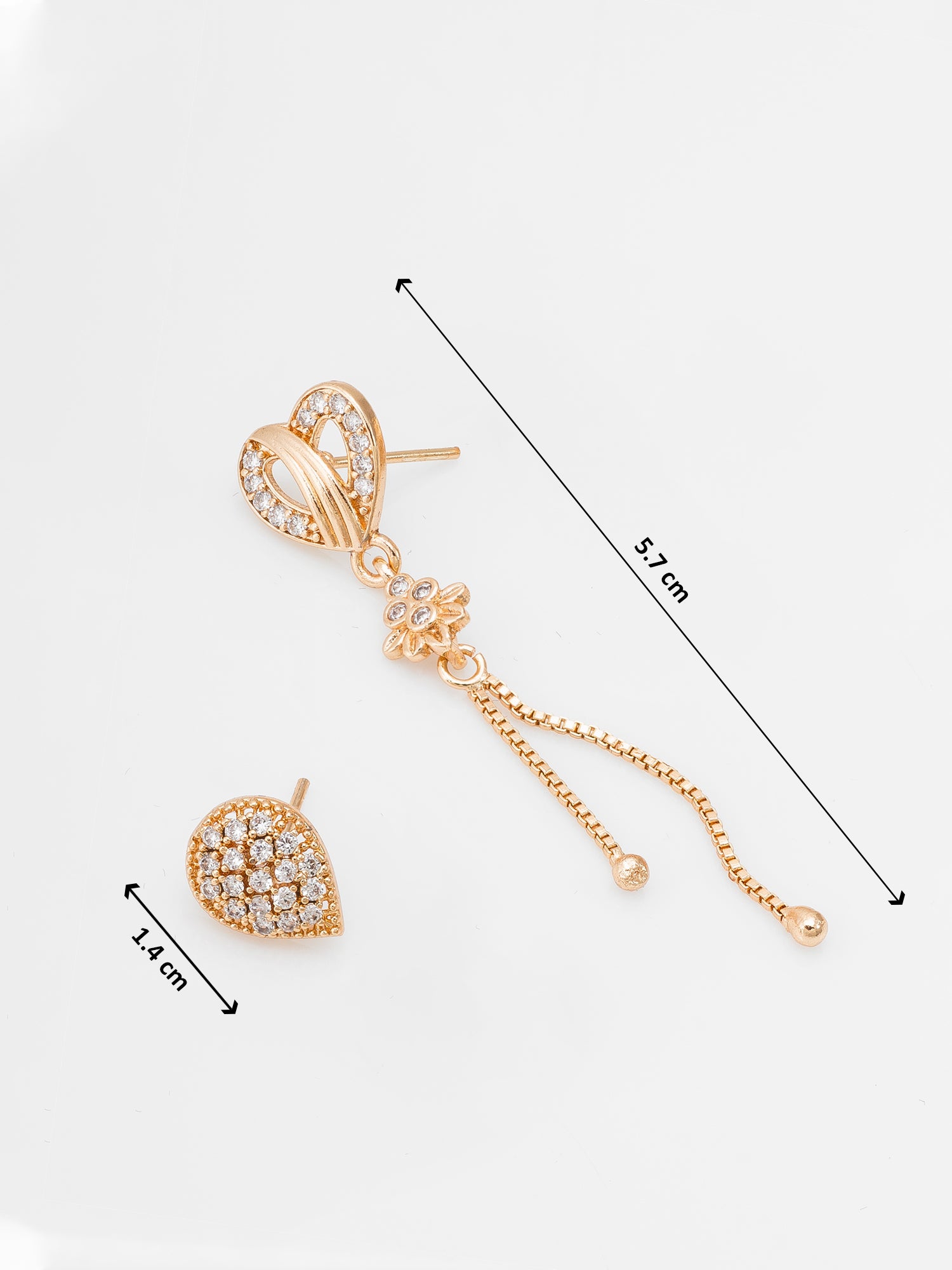 Aadita Casual & Party Wear Gold-Plated White AD Stone Heart Drop With Tassel Chain And Teardrop Stud Combo Earrings Set