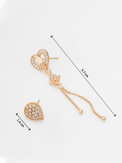 Aadita Casual & Party Wear Gold-Plated White AD Stone Heart Drop With Tassel Chain And Teardrop Stud Combo Earrings Set