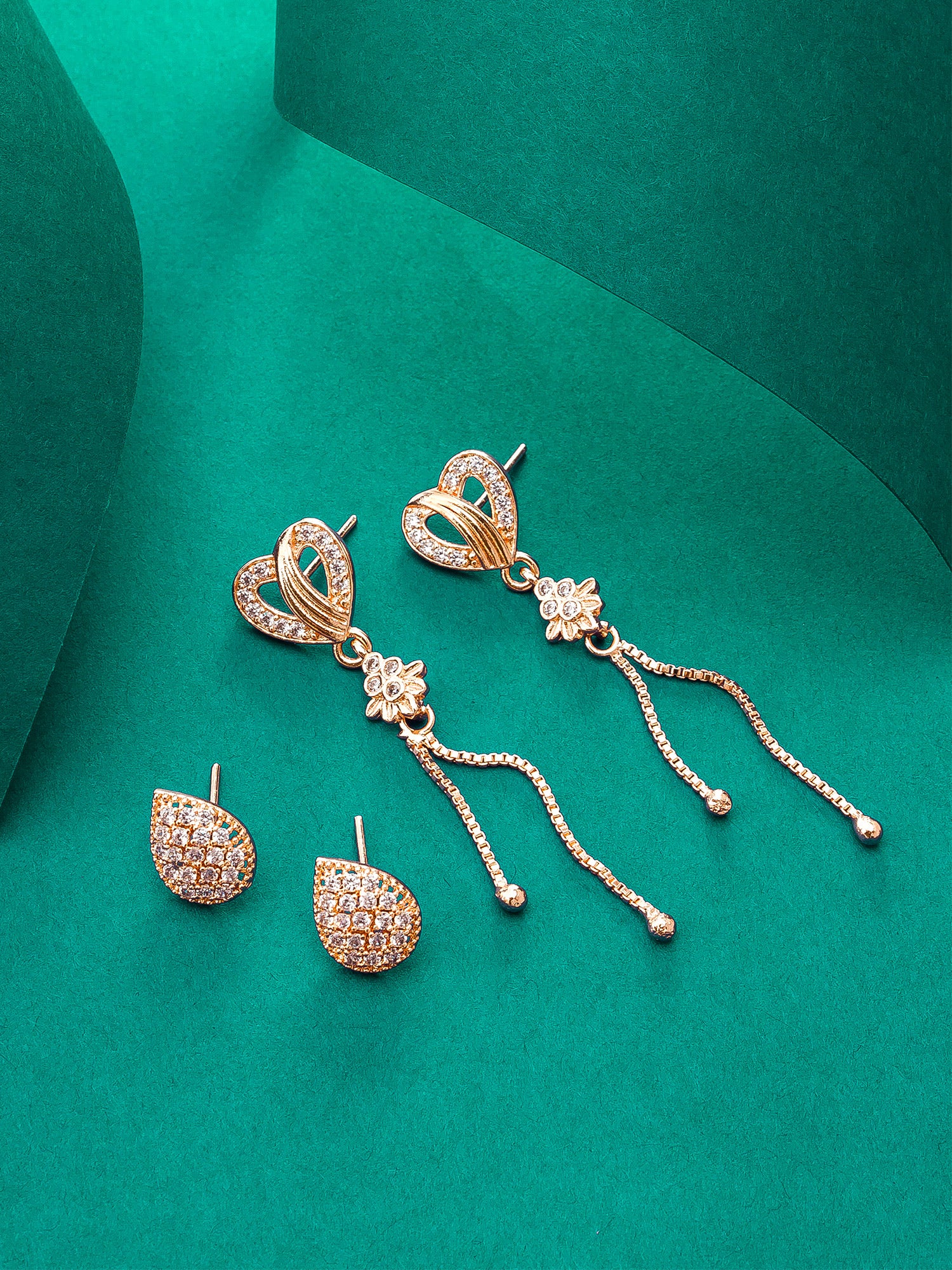 Aadita Casual & Party Wear Gold-Plated White AD Stone Heart Drop With Tassel Chain And Teardrop Stud Combo Earrings Set